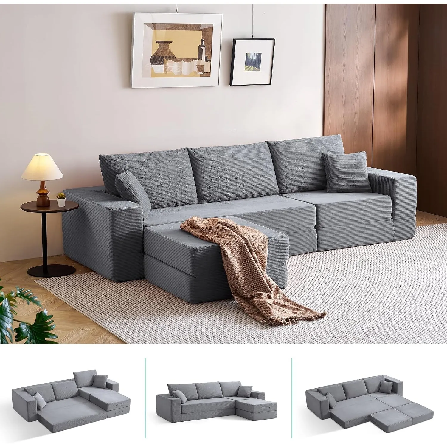 LINSY HOME Schlafsofa Cord, Bodensofa Bed mit Pillow Back Support Armrest