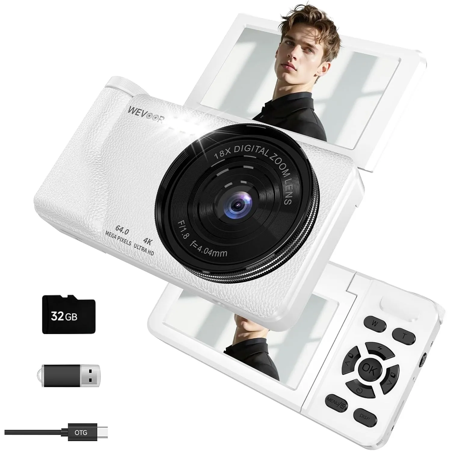 Digitalkamera 64MP 4K, Wevoor Kompaktkamera mit 3" 180° Flip Screen, 2000mAh Akku, 32GB Karte, Autofokus & 18X Digitalz…