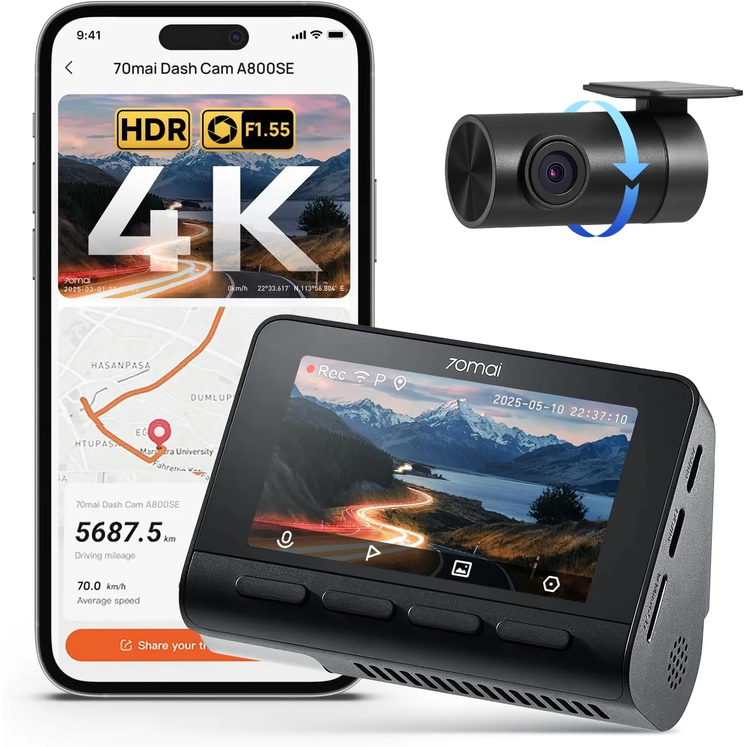 70mai A800SE Dashcam Auto Vorne Hinten 4K HDR 2160P+1080P, Dual Autokamera 3" IPS, F1.55 Blende Nachtsicht, 210Sek.Puff…
