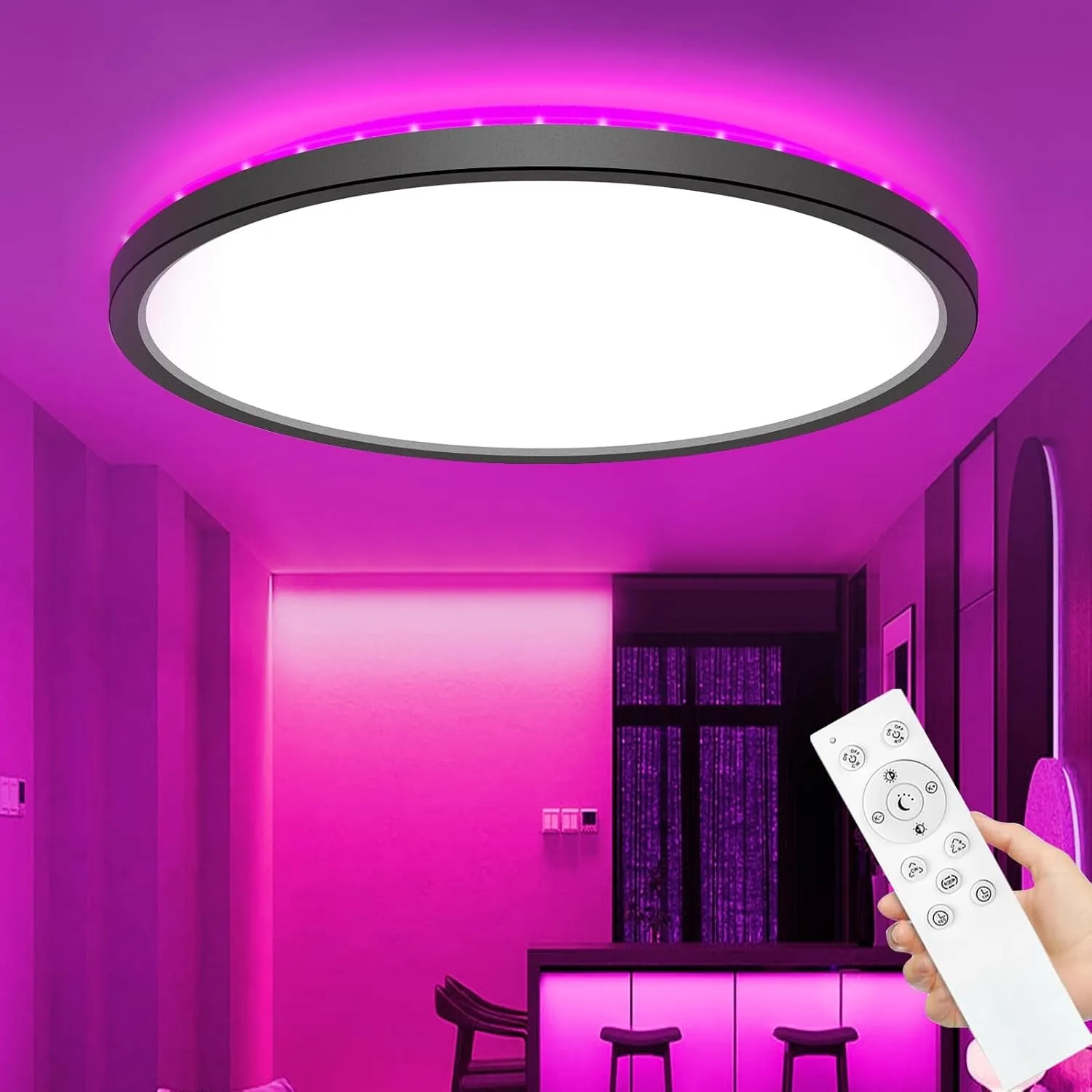 zemty 30cm Dimmbar Deckenlampe RGB mit Fernbedienung, IP54 Wasserdicht LED Deckenleuchte 24W 3200lm, 3000K-6500K & 6 Fa…