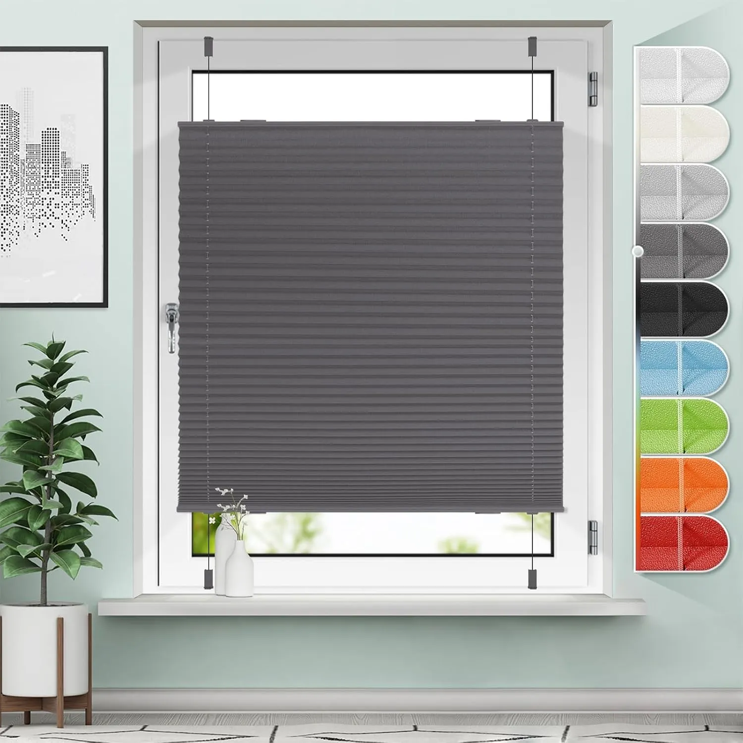 Sanfree Plissee Klemmfix ohne Bohren Anthrazit B115 x H110cm Jalousie Faltrollo Sichtschutz und Sonnenschutz Plisseerol…
