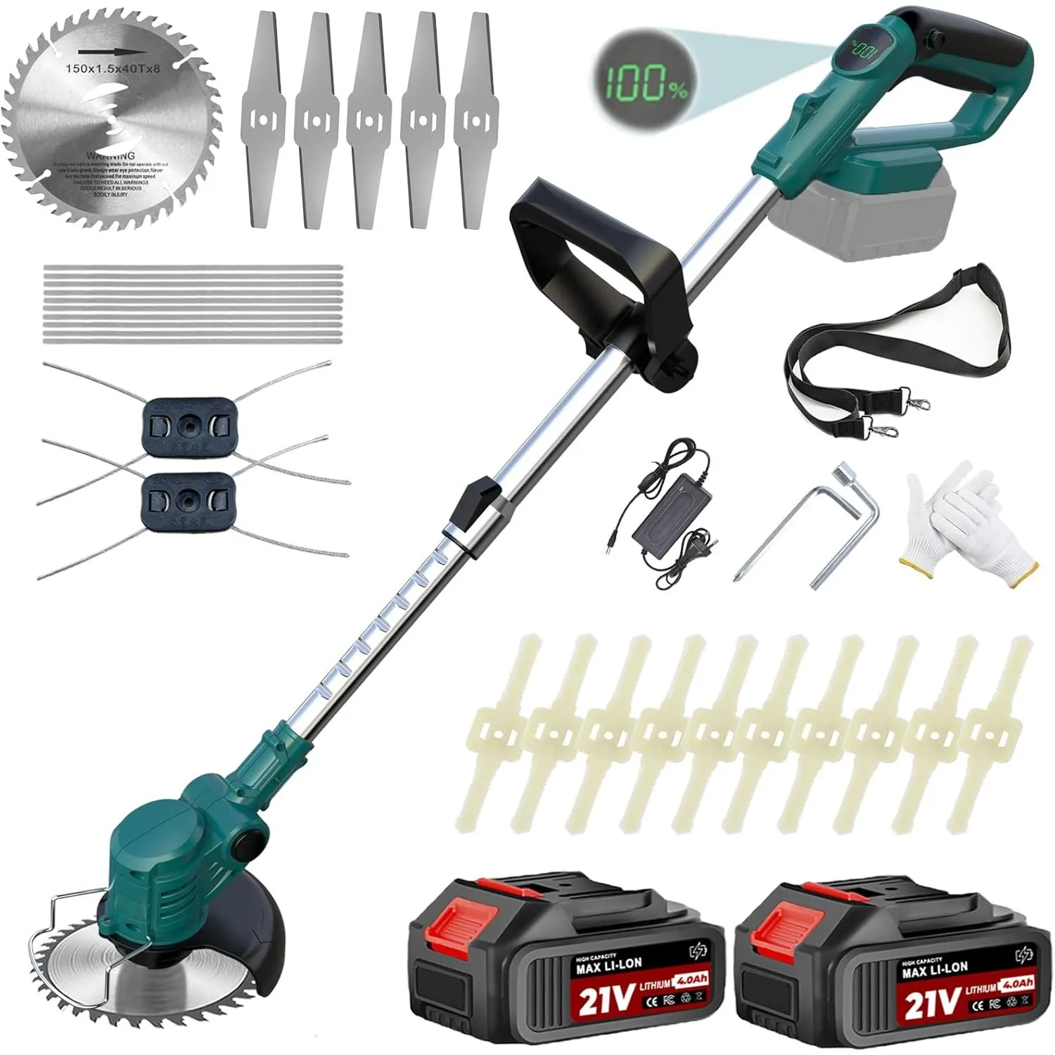 Rasentrimmer mit Akku und ladegerät, Akku Rasentrimmer für Makita-Akkus mit 4 Klingentypen und 2 x 2,0 Ah Batterien, 21…