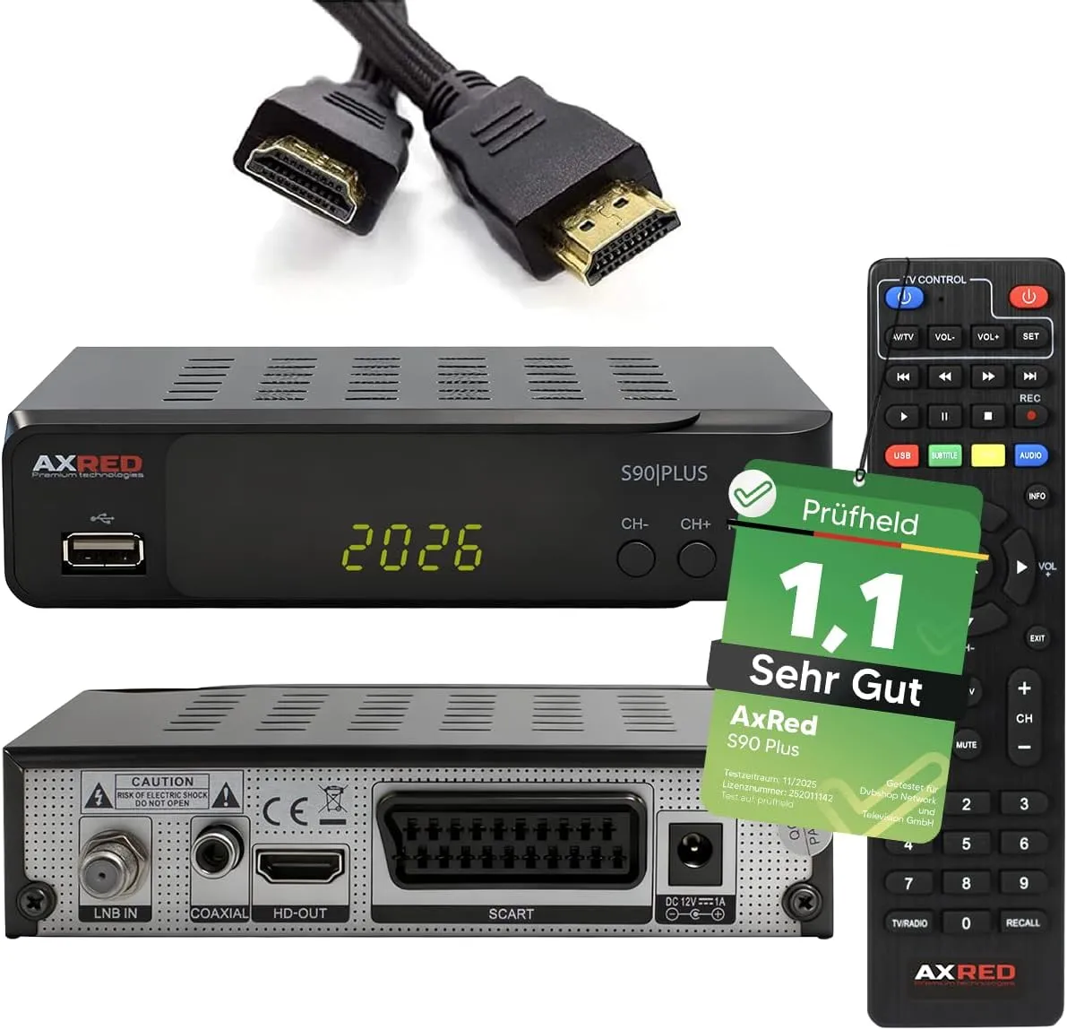 AXRED S90 Plus Sat Receiver + HDMI Cable, with Recording Function, HD Capable, Digital Satellite Receiver for Satellite…