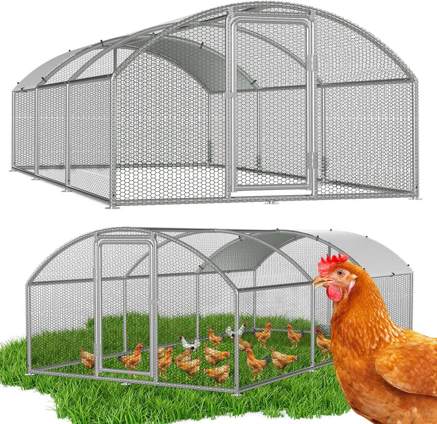 Freilaufgehege 3x6x2m – Begehbarer Hühnerstall Bogenaufsatz Metall Freigehege, Hühnerkäfig Kleintierstall Voliere mit D…