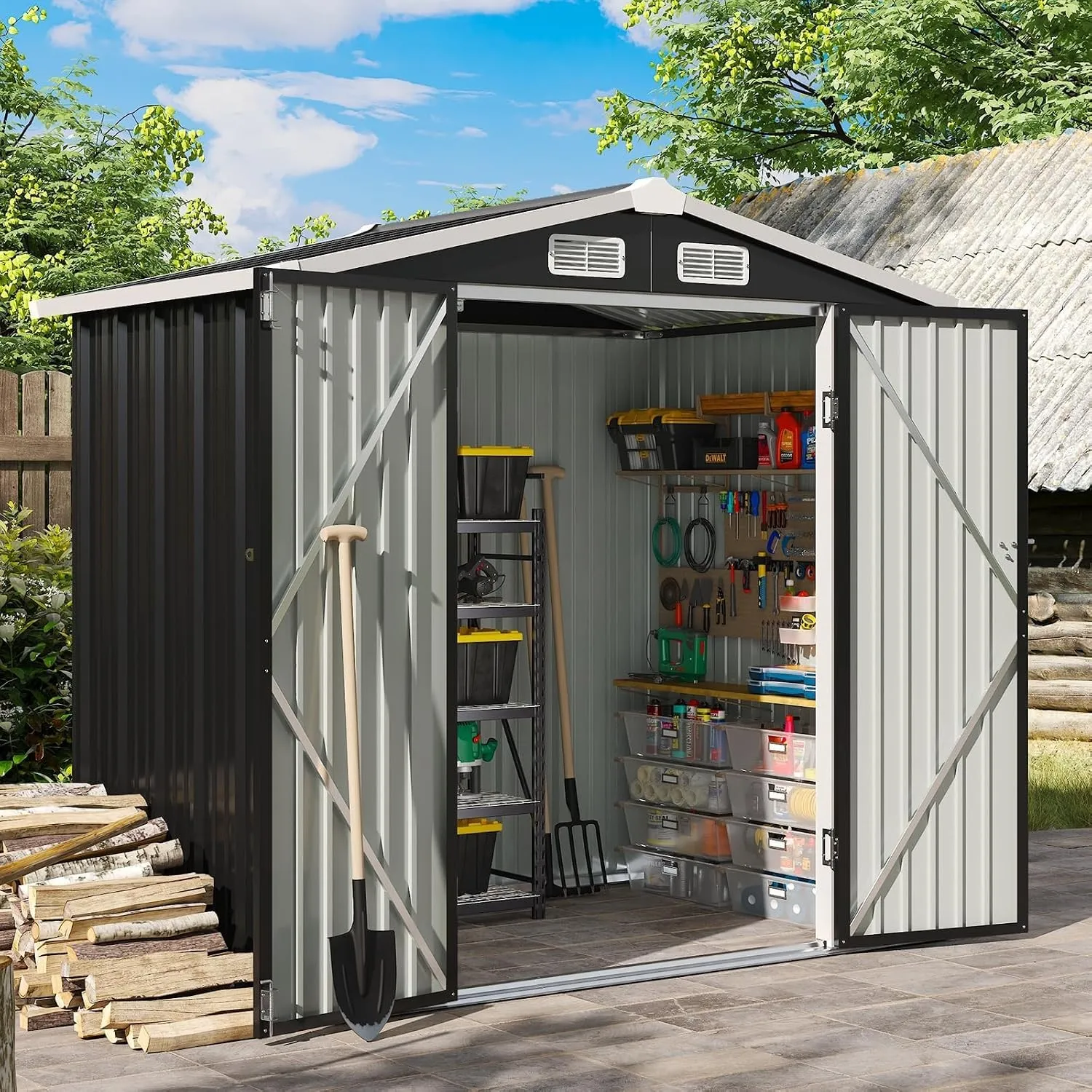 Gerätehaus Metall 200x188x123cm Geräteschuppen mit Fundamentrahmen Schwarz