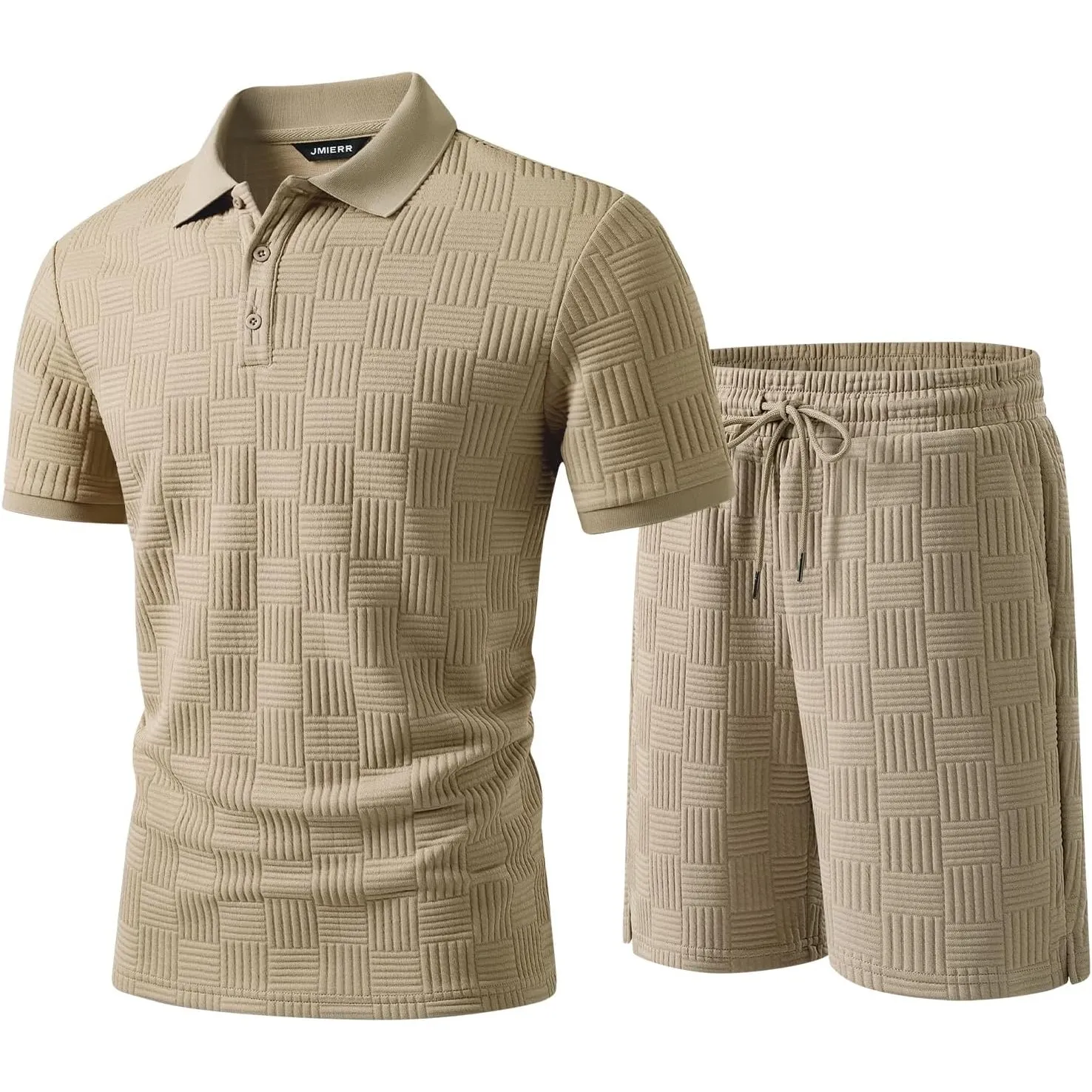 JMIERR Jogginganzug Herren Set 2-Teiliger Sommer Trainingsanzug Casual Textured Poloshirt Herren mit Baggy Shorts Freiz…