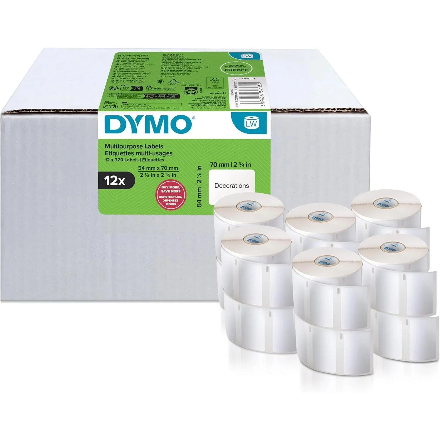 DYMO Original LabelWriter Mehrzwecketiketten | 54 mm x 70 mm | 12 Rollen mit je 320 leicht ablösbaren Etiketten (3.840 …