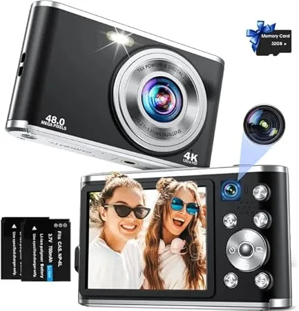 Digitalkamera, AutoFocus 4K Kompaktkamera Fotokamera mit Dual-Kamera mit 32GB Speicherkarte HD 48MP 16X Digitalzoom 2,8…