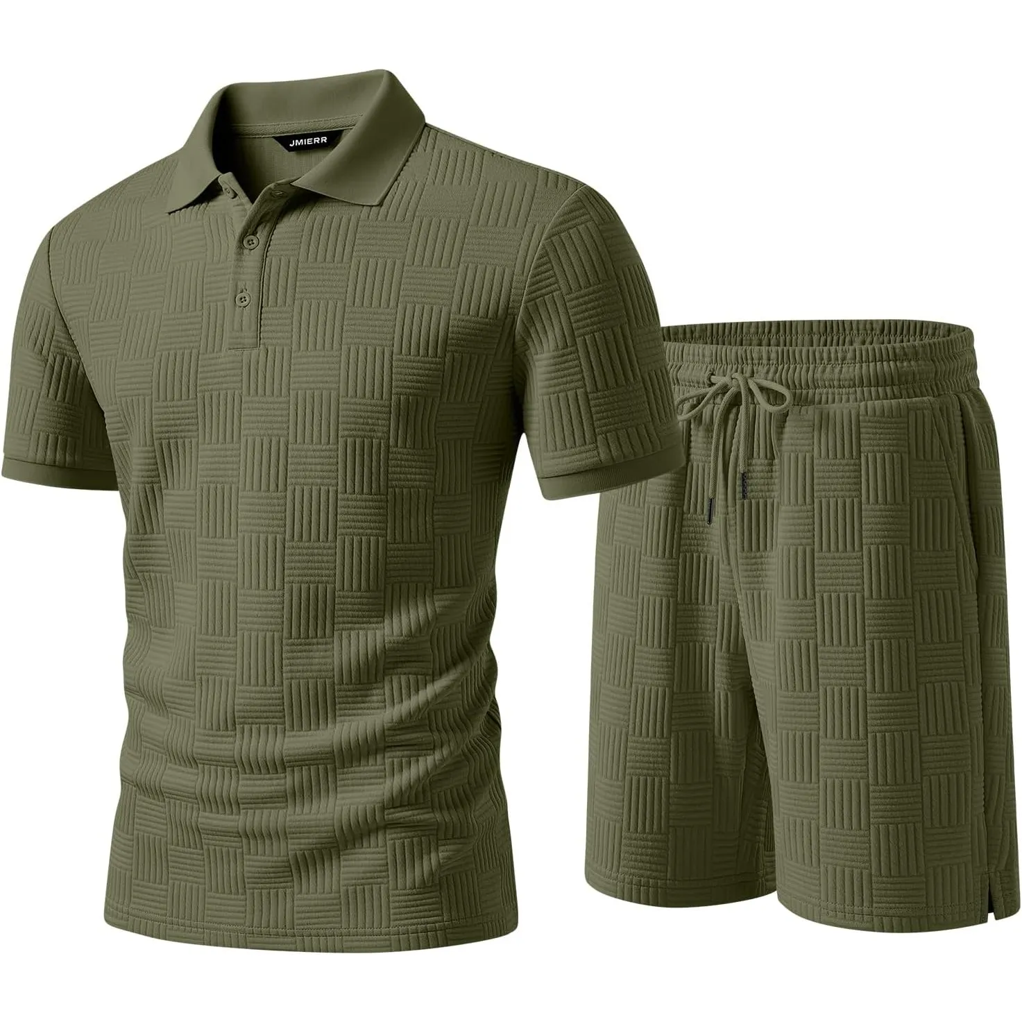 JMIERR Trainingsanzug Herren 2 Teiler Sommer Outfit Set | Casual Textured Jogginganzug,Atmungsaktiv,Poloshirt mit Short…