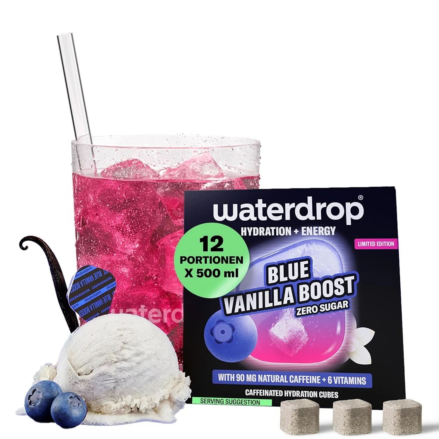 waterdrop® Microenergy Blue Vanilla – 12 Waterdrop Drops Würfel mit 90mg natürlichem Koffein – Energy Drink Getränkepul…