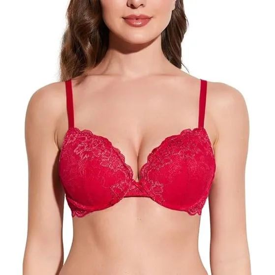 Deyllo Push-Up-BH für Damen, mit Spitze, bequemer gepolsterter Bügel-BH, hebt an, vergrößert um eine Körbchengröße