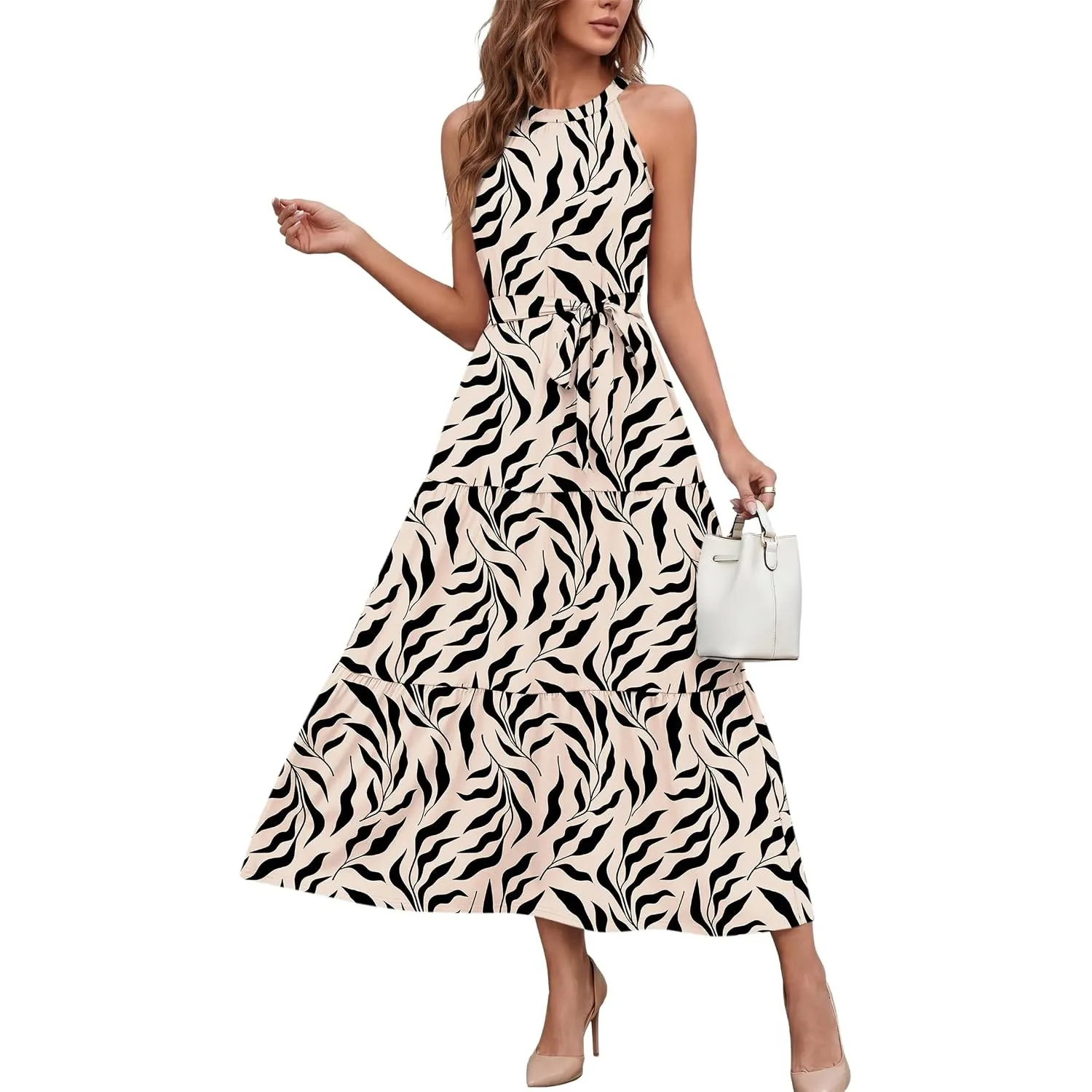 AUSELILY Damen Sommerkleid Lang Neckholder Maxikleid Mit Taschen und Gürtel | Strandkleid Ärmellos Elegant Kleid Damen …