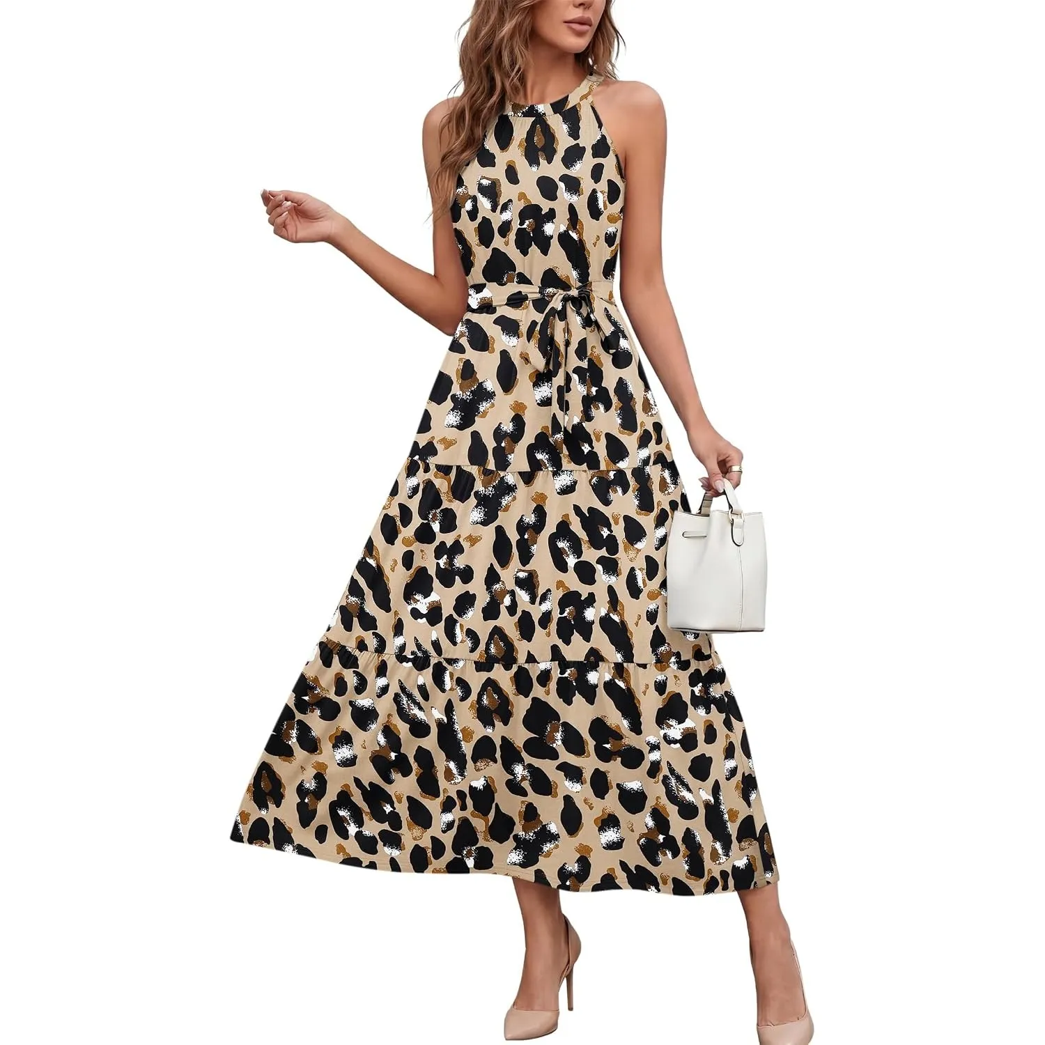 AUSELILY Damen Sommerkleid Lang Neckholder Maxikleid Mit Taschen und Gürtel | Strandkleid Ärmellos Elegant Kleid Damen …
