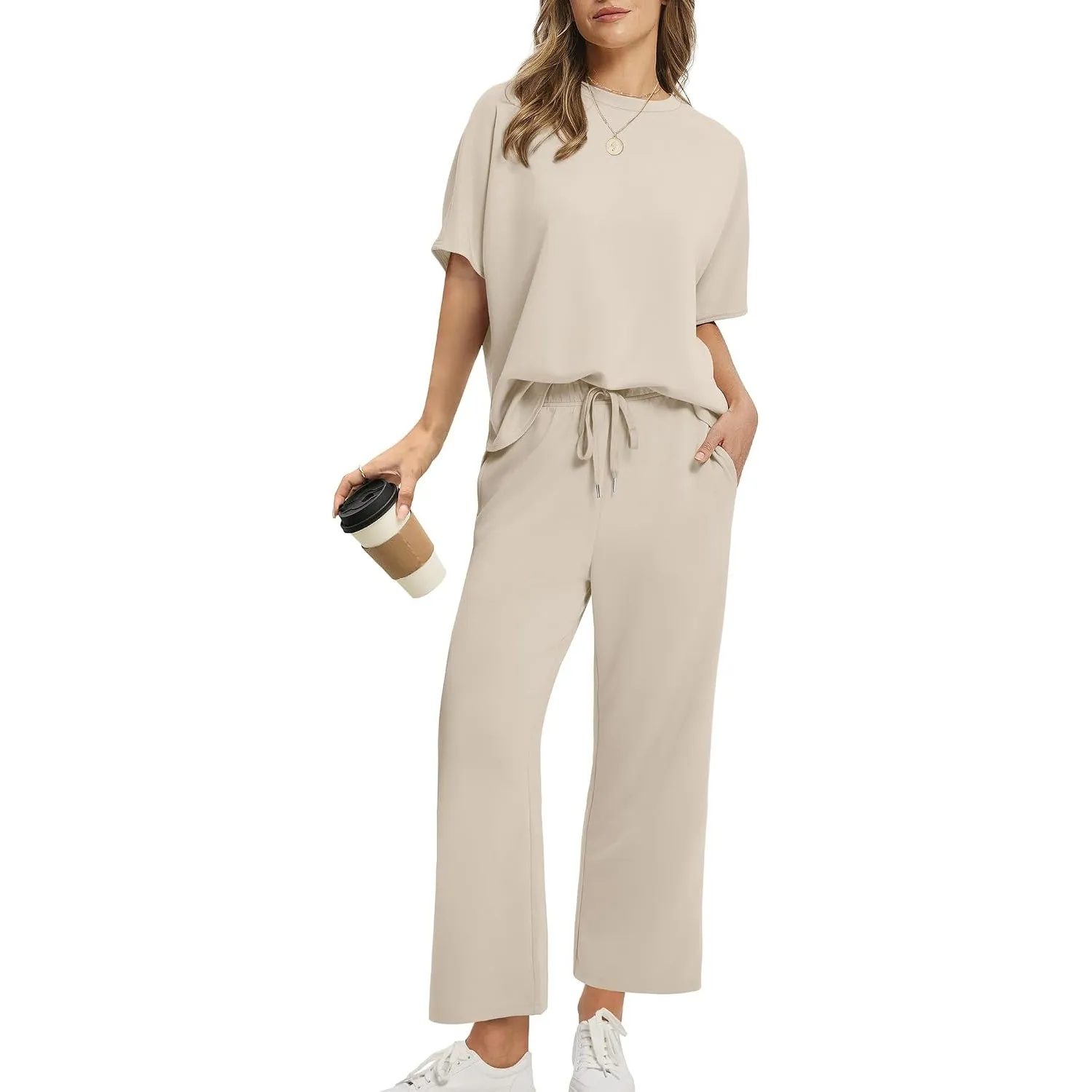 Desol Zweiteiler Damen Sommer Outfits, Trainingsanzug Sets Kurzarm Oberteil & Jogginghosen, Weites Bein Caprihosen für …
