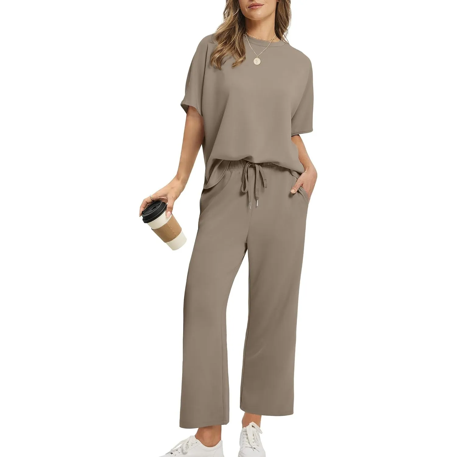 Desol Zweiteiler Damen Sommer Outfits, Trainingsanzug Sets Kurzarm Oberteil & Jogginghosen, Weites Bein Caprihosen für …