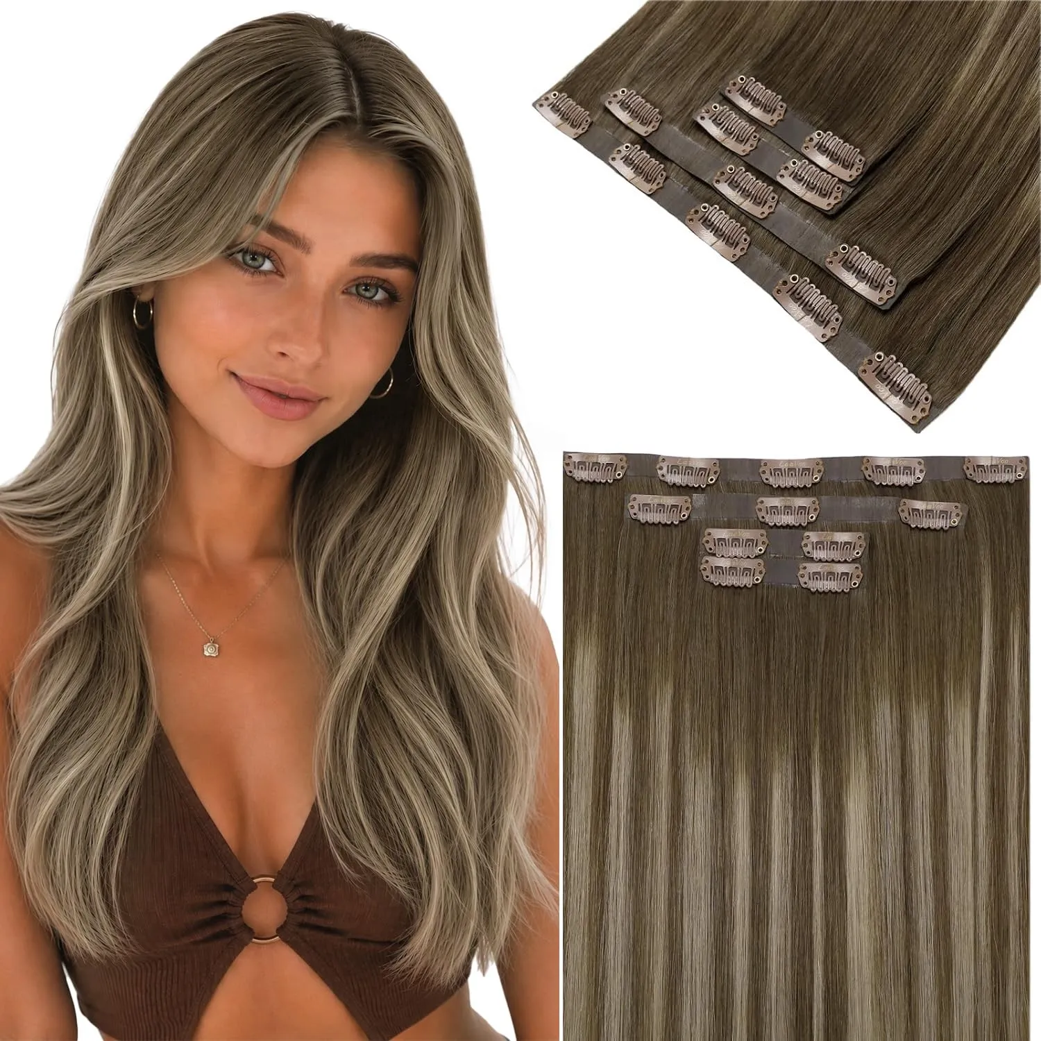 LaaVoo Invisible Clip in Extensions Braun Ombre Echthaar Clips Echthaar Braun Ombre Hellbraun und Dunkelblond Clip in E…