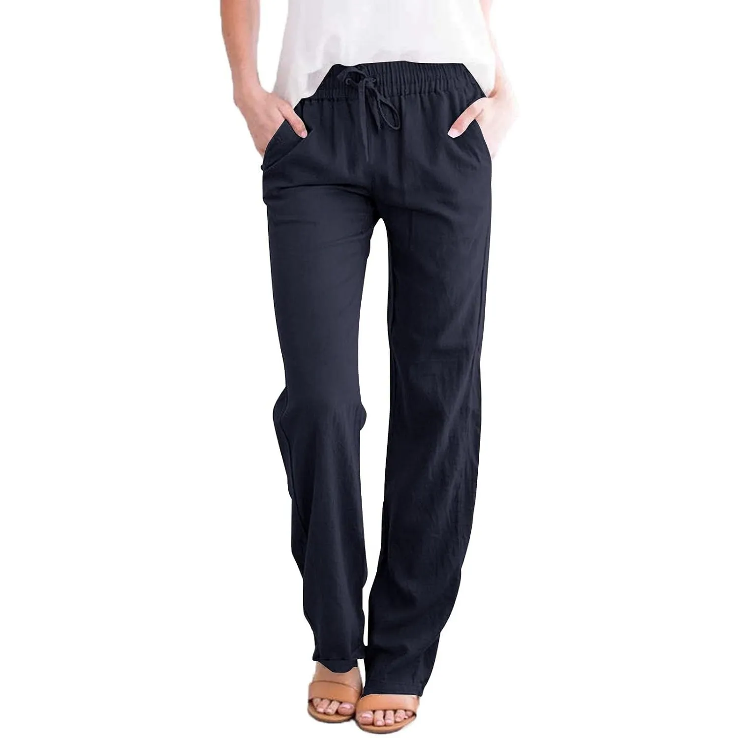 Tincini Leinenhose Damen Hose Sommer Musselin Leinen Hosen Stoffhose Einfarbig Freizeithose Gerade Geschnitten Strandho…