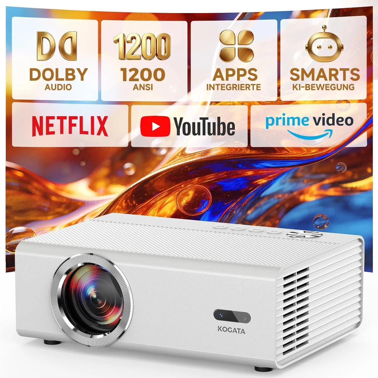 4K Smart Beamer mit WLAN & Bluetooth, KOGATA Projektor mit Autofokus, 6D Keystone, HDR10+ | Kompatibel mit Netflix-App …