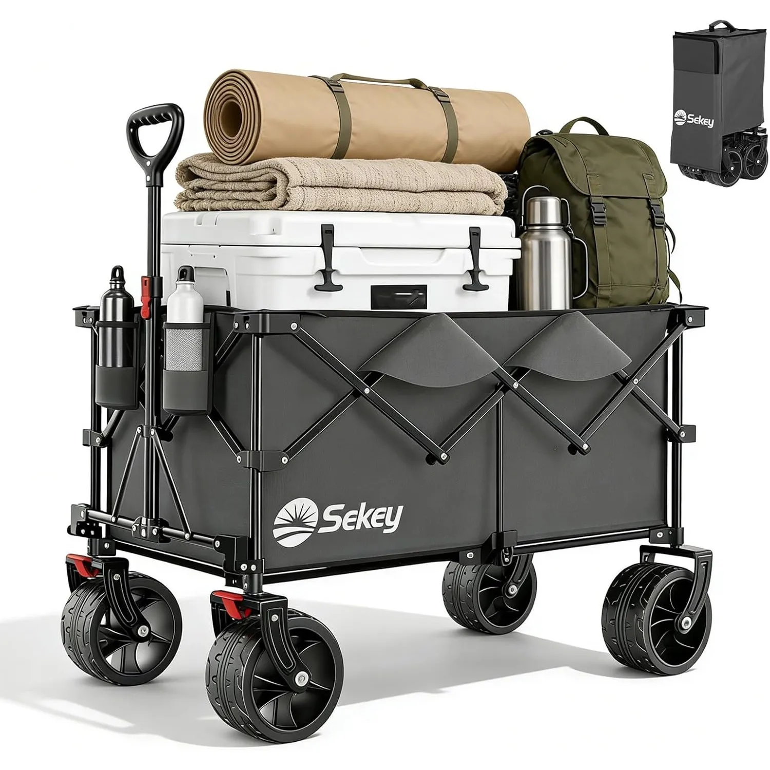 Sekey XXL Plus Bollerwagen Faltbar 200L 200KG Extra Breit-Reifen | Faltbollerwagen mit 17x10 cm All-Terrain-Räder Handw…