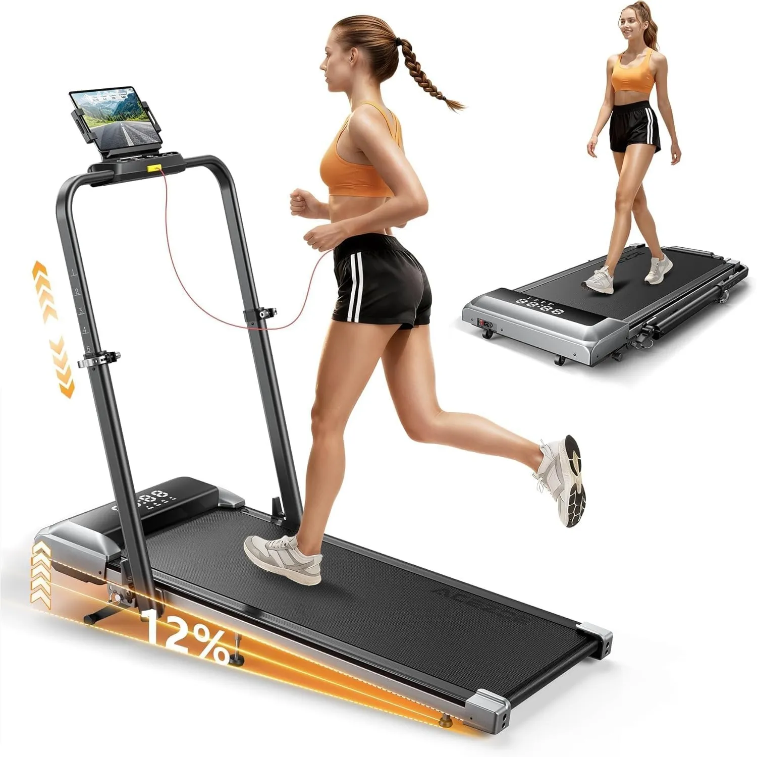 laufband für zuhause mit Neigung, 5 IN 1 Walking Pad mit 12% Steigung, 2.5HP Klappbar Laufband für Zuhause & Büro,2-LED…