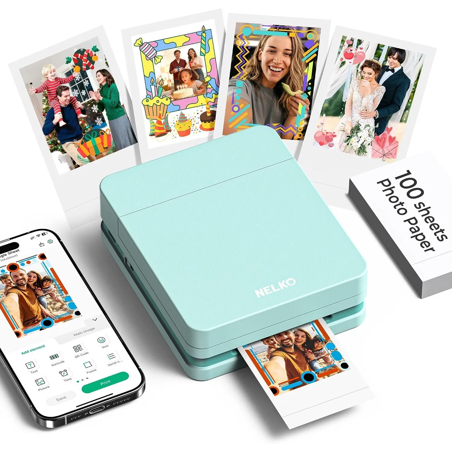 Nelko Fotodrucker für Smartphone, PP01 Mini Fotodrucker, 100 Blatt, Grün