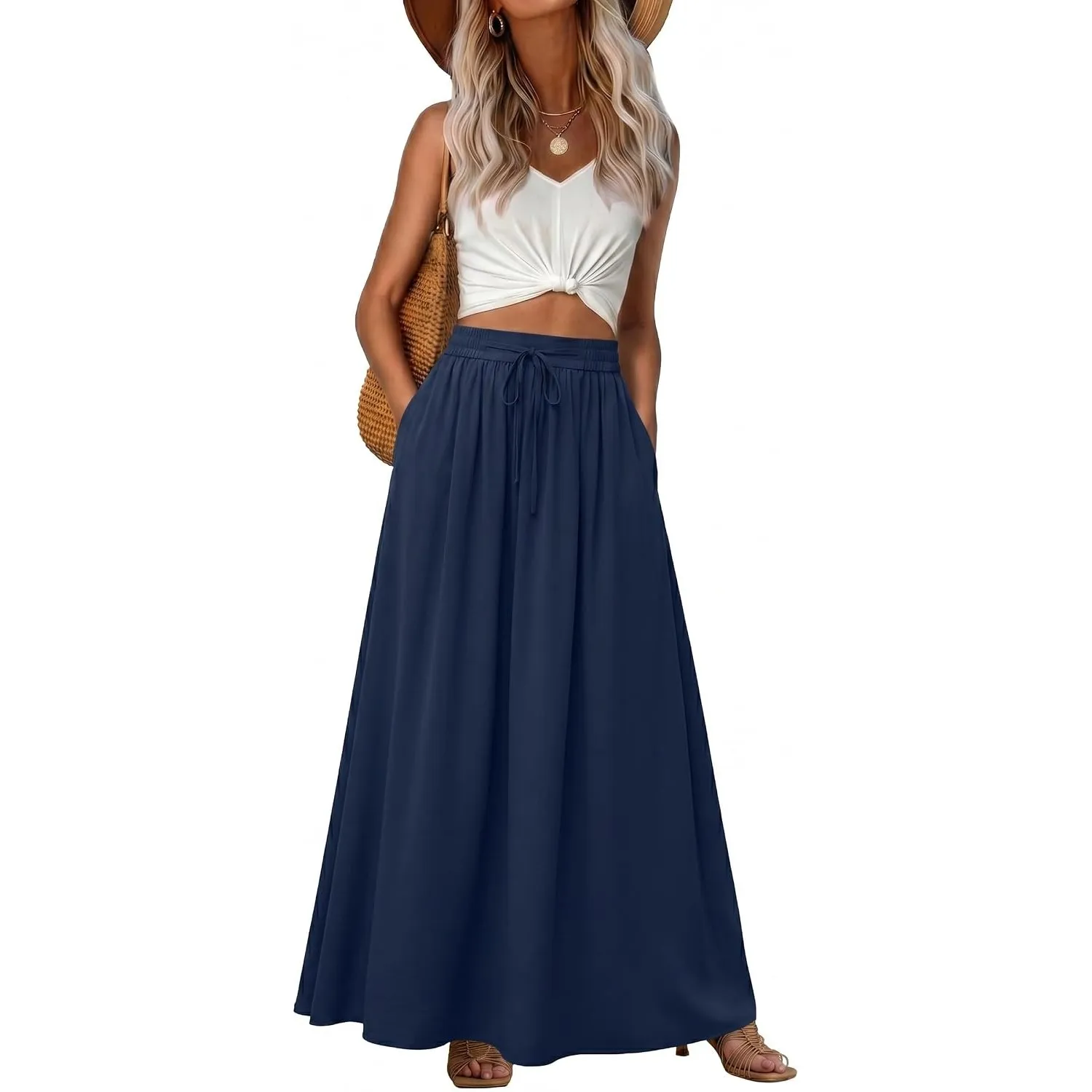 GRECERELLE Damen Rock Sommer Langer Boho Röcke A-Linie Sommerrock Elegant Maxirock Strandkleider Long Flowy Skirt mit T…