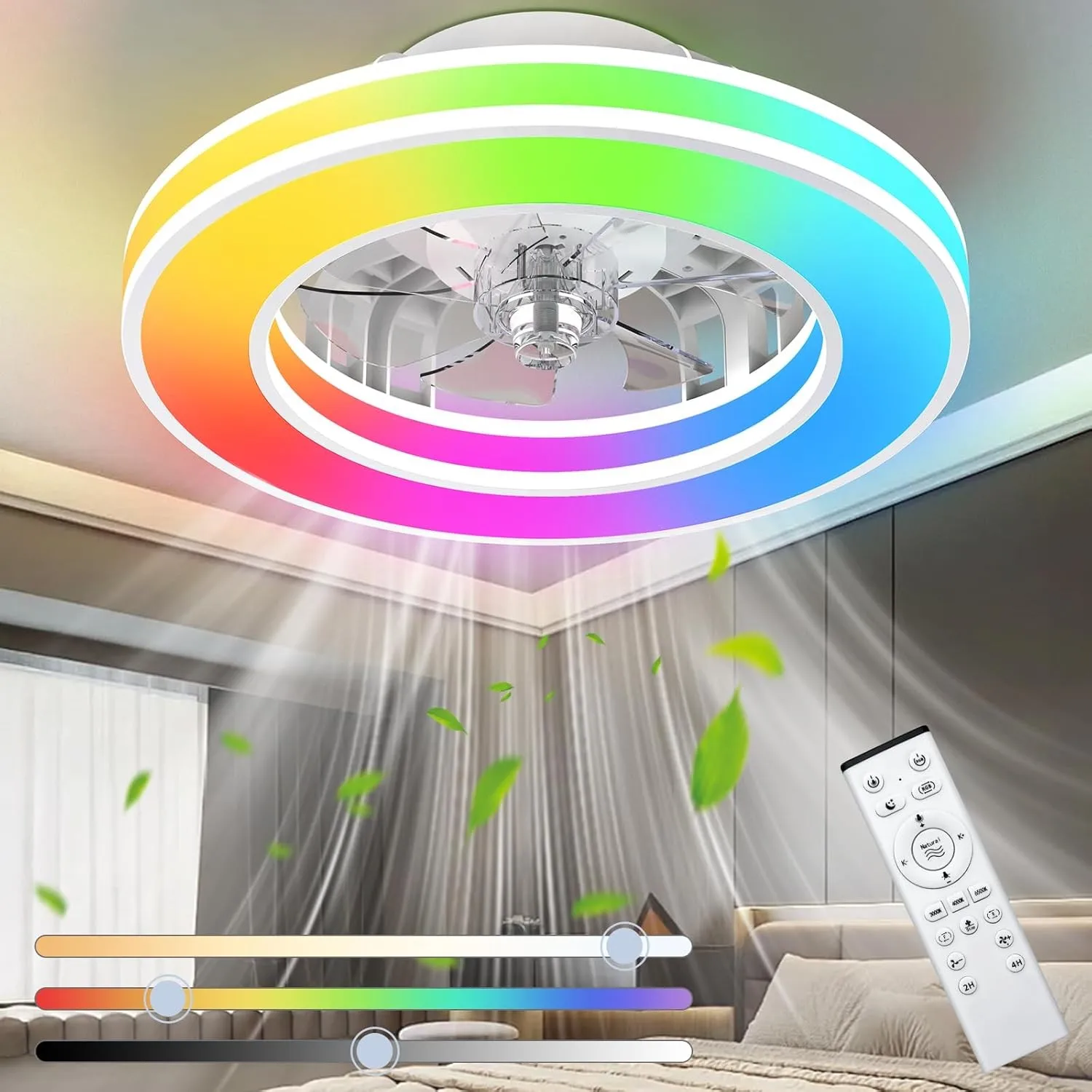 Ateroll Deckenventilator mit Beleuchtung Ø41.5CM, Deckenventilator mit Licht Dimmbar (3000K-4000K-6500K-RGB), 6 Geschwi…