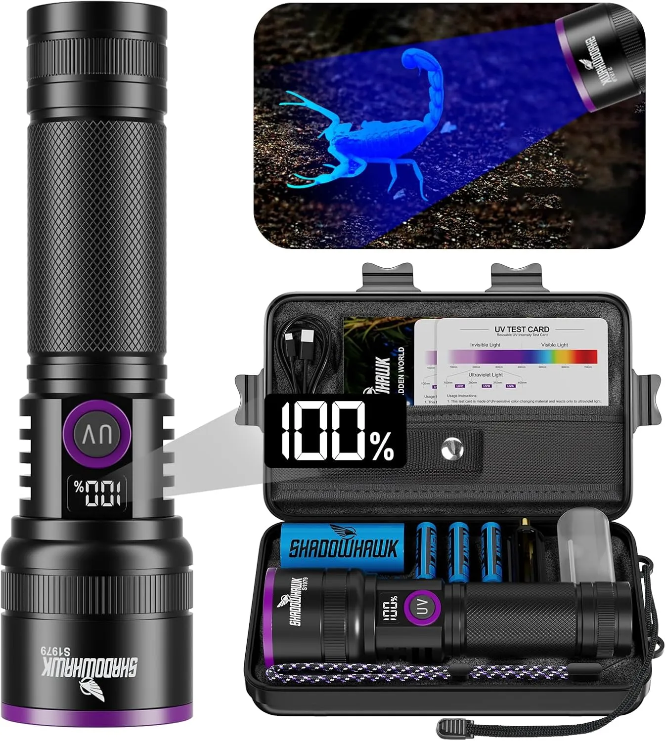 Shadowhawk 365nm UV Taschenlampe Mit Filterlinse - 30W Schwarzlicht 4-Kern Aufladbar UV Lampe, UV Licht Flashlight Für …