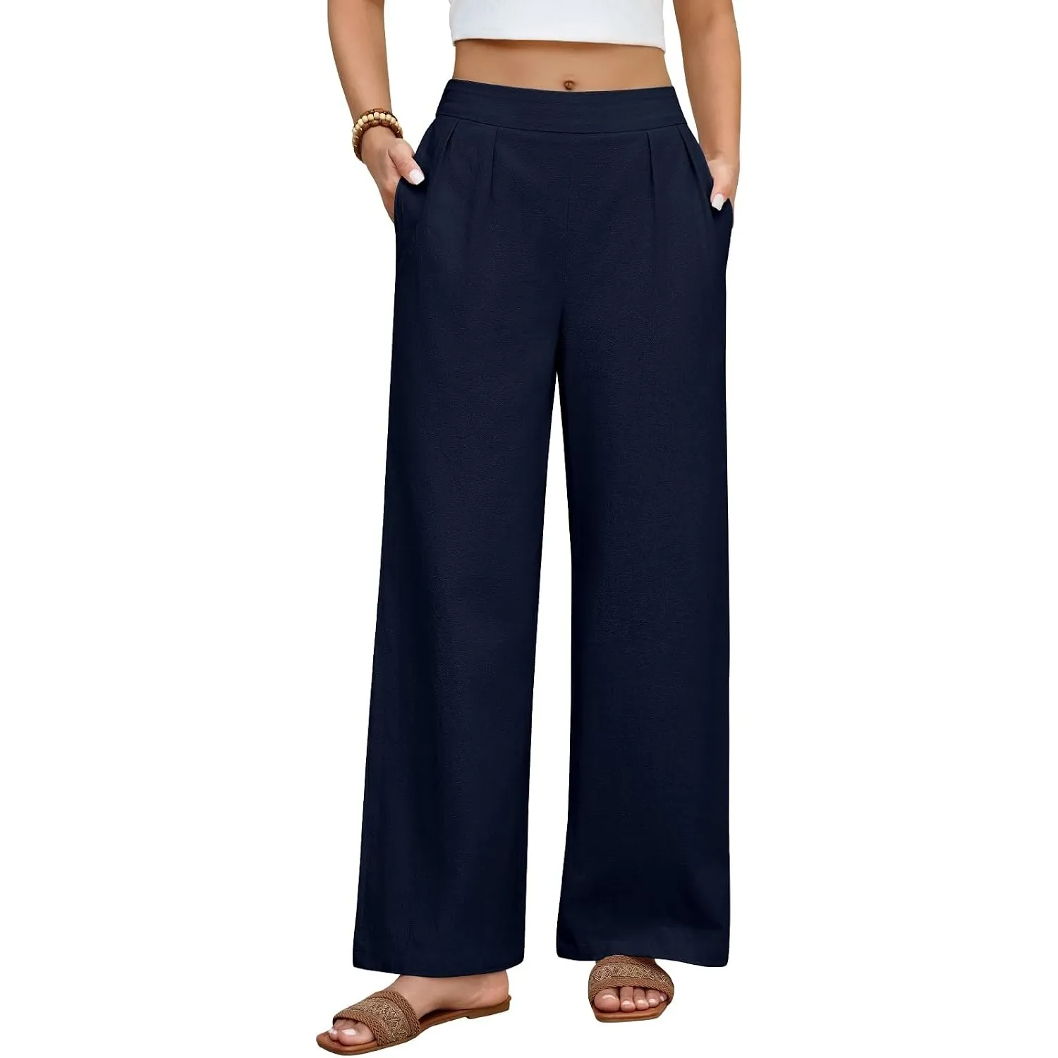 heekpek Damen Hosen Sommer Baumwolle Bequeme Damenhosen Weites Bein High Waist Hose Elegant Leichte Luftig Locker Somme…