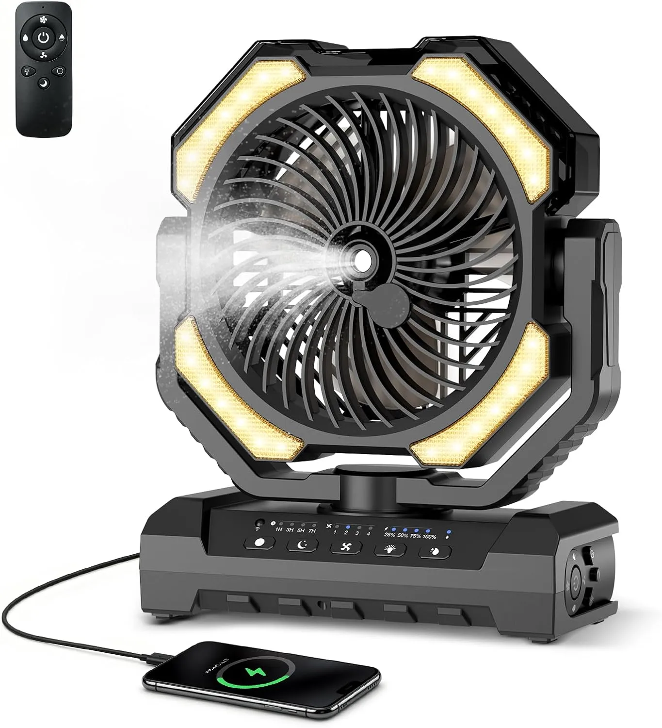 Ateroll 20000 mAh Battery Camping Fan with Mist, USB Fan Battery with Remote Control, LED, Hanging Hook, Table Fan for …