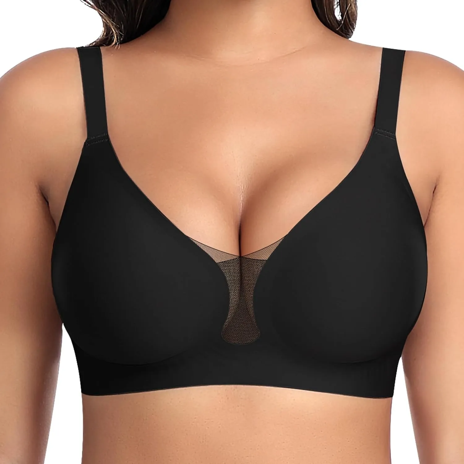 BH Damen Ohne Bügel Nahtloser Glatter Weicher BH Modische Spitze Mesh Tiefes V-Ausschnitt Bequemer BHS Gepolsterter BHS…