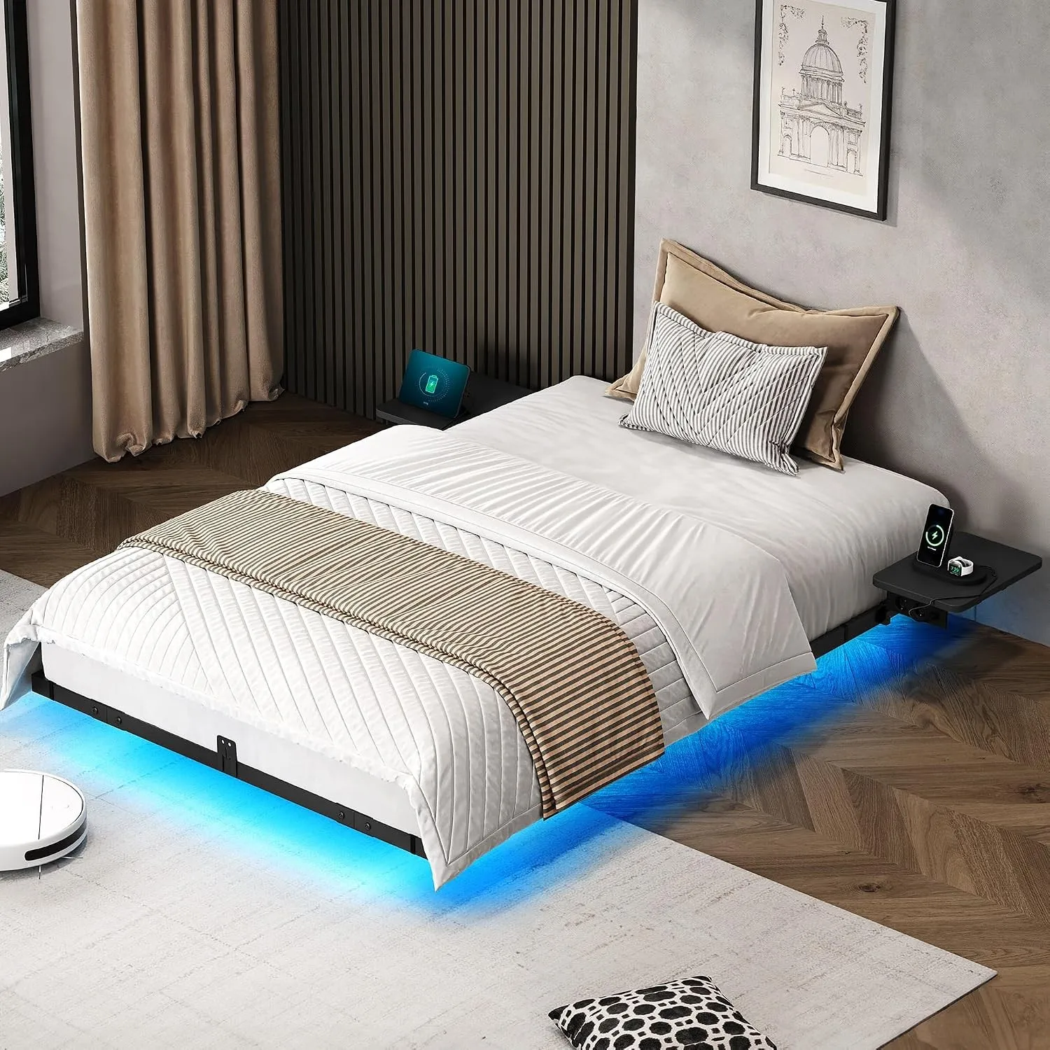 YITAHOME Bettgestell LED-Beleuchtung USB-Ladestation Schnittstelle Type-C schwebendes Design Metallrahmen Stoffbezug in…