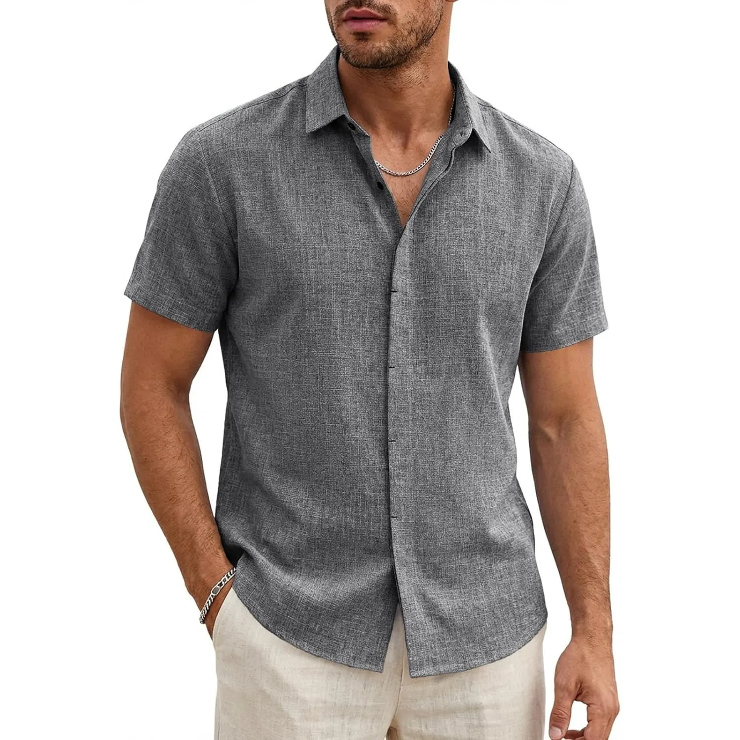 Runcati Herren Leinenhemd Kurzarm Business Sommerhemd Männer | Regular Fit, Leinen, Freizeit, Hemd, Einfarbig, Basic, S…