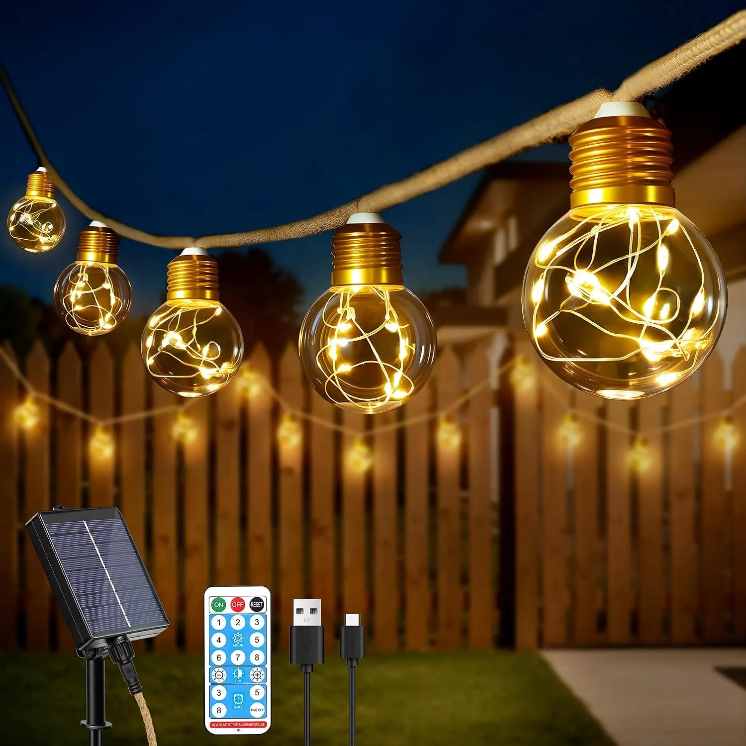 Ollny Solar Lichterkette Outdoor 8 m 16 LED Glühbirnen mit 8 Modi Warmweiß | Solarlichterkette außen wetterfest, mit Ti…