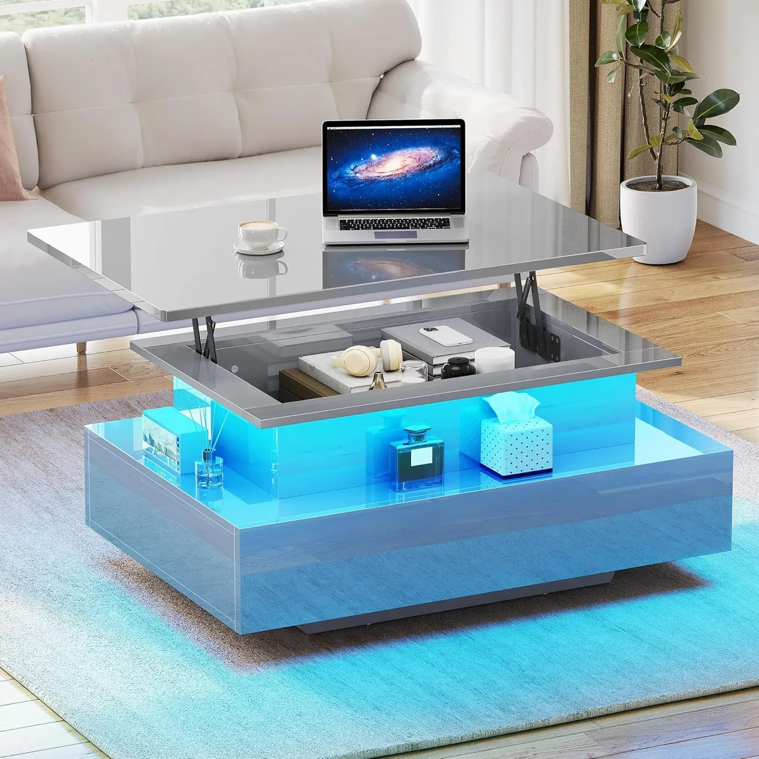 YITAHOME Couchtisch Hochglanz mit LED-Streifen, Couchtisch mit Ablagefläche für Wohnzimmer, moderner rechteckiger Teeti…