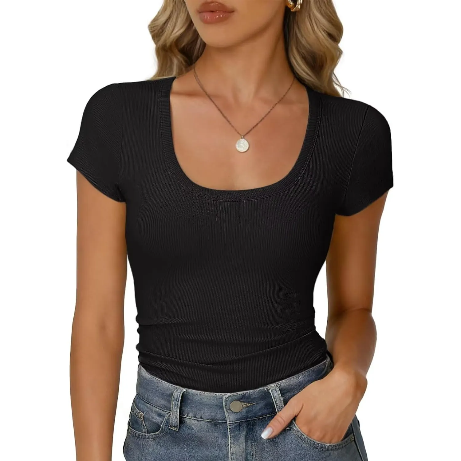 RIROW Damen Sommer T-Shirt V-Ausschnitt Kurzarm Rippstoff Slim Fit Basic