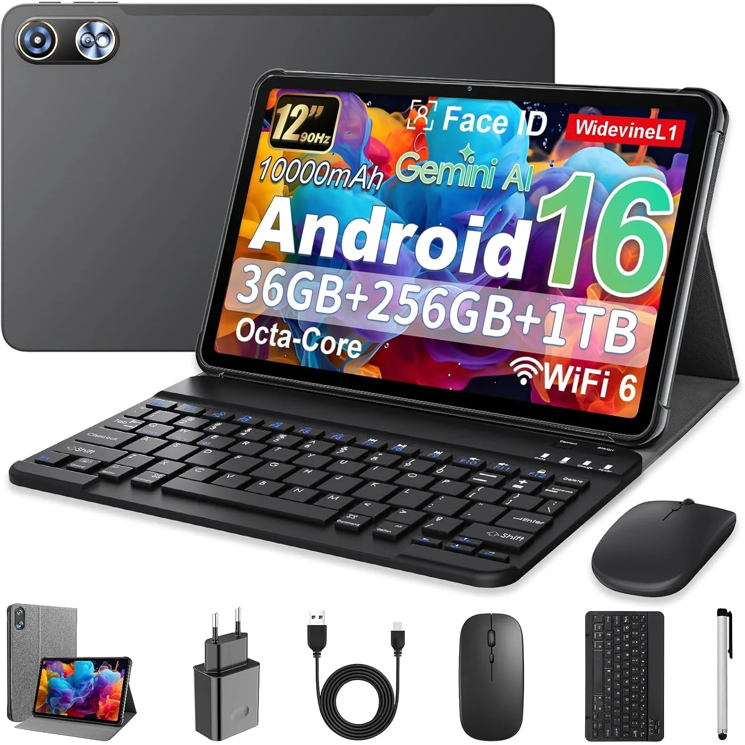Android 16 Tablet 12 Zoll mit Gemini AI, Tablets mit Hülle, Tastatur, Maus & Stylus, Unisoc T615 Octa-Core, 36 GB RAM +…