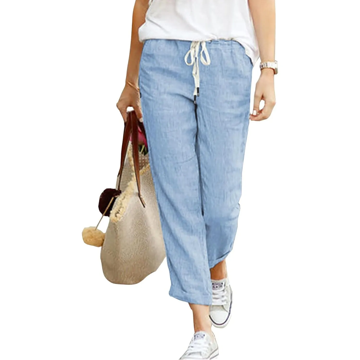 Hose Damen Leinen Sommerhose 7/8 Casual Leichte Baumwolle Leinenhose Stoffhose Bequeme Luftige Freizeithose Strandhose …