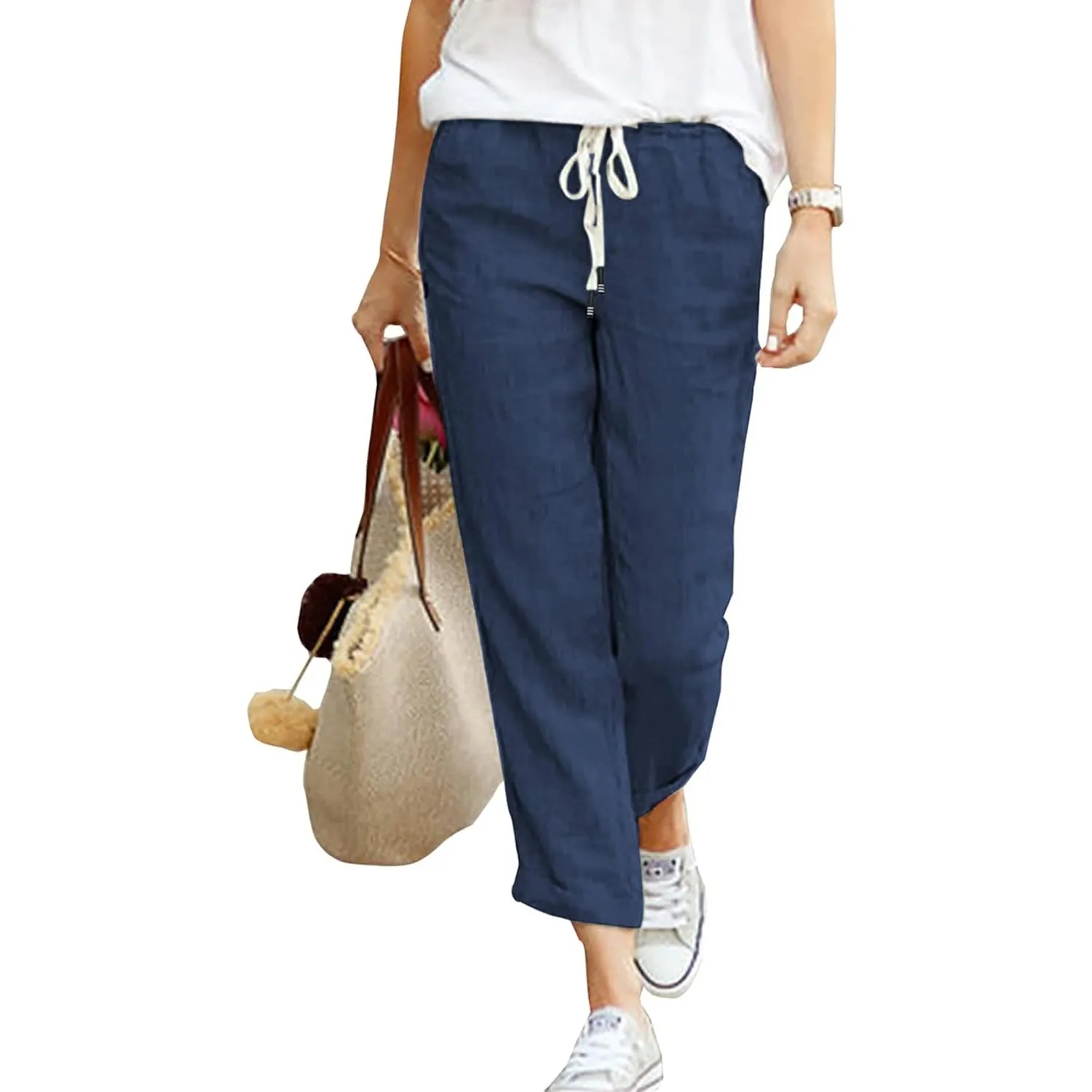 Hose Damen Leinen Sommerhose 7/8 Casual Leichte Baumwolle Leinenhose Stoffhose Bequeme Luftige Freizeithose Strandhose …