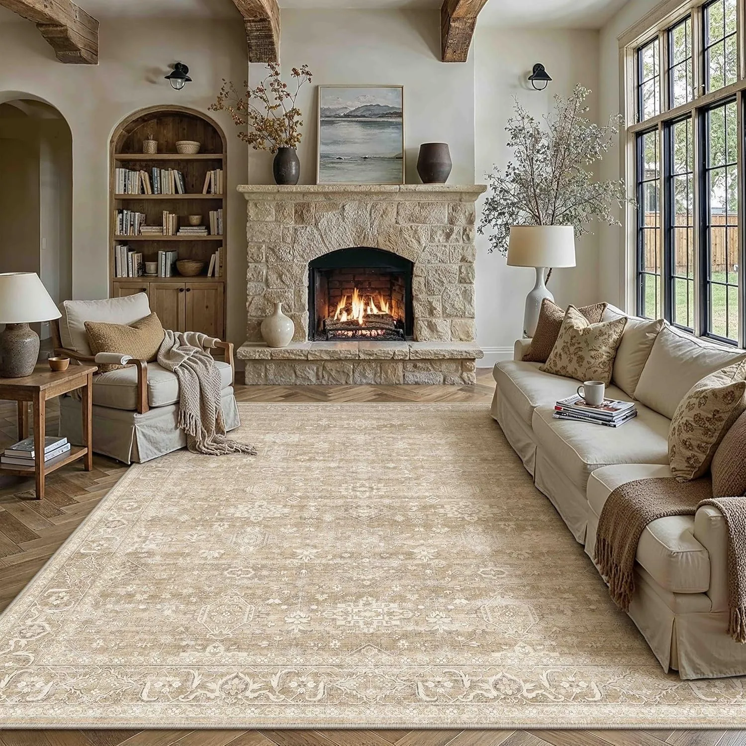 PureCozy Vintage Teppich Wohnzimmer 240x300cm Beige Schlafzimmer | Wohnzimmerteppich Waschbarer Carpet,Weich Rutschfest…