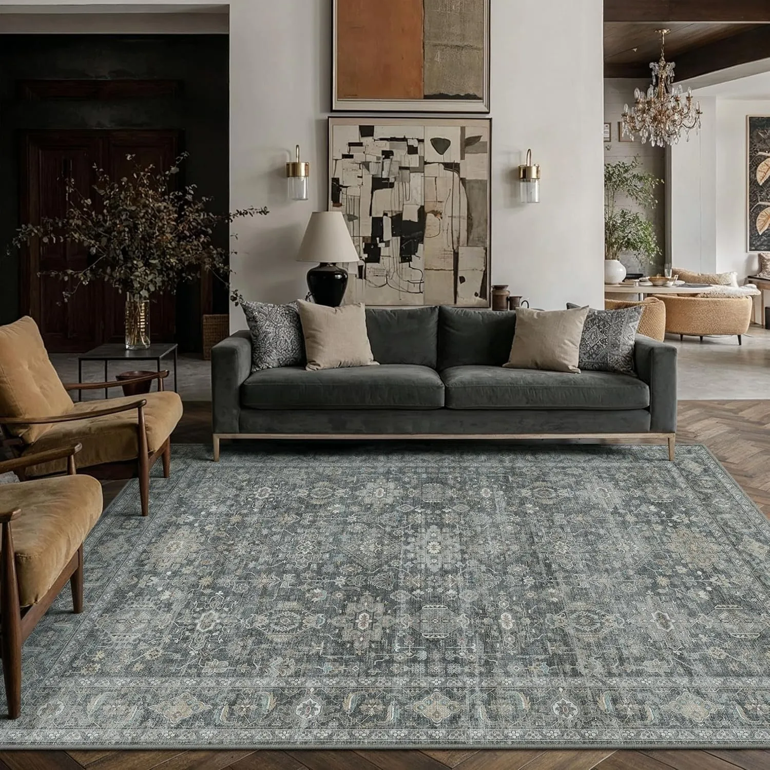 PureCozy Vintage Teppich Wohnzimmer 160x230cm Schwarz Schlafzimme | Wohnzimmerteppich Waschbarer Carpet,Weich Rutschfes…