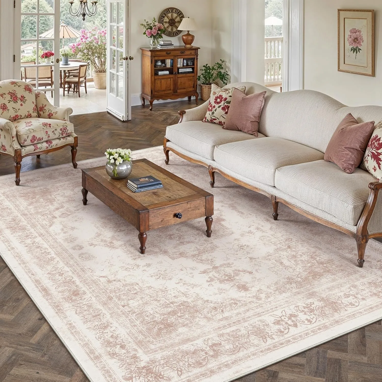 HUGEAR Vintage Rosa Waschbarer Teppich Wohnzimmer 180x270cm Retro Rugs for Living Room Weich rutschfest Groß Tepich Kur…