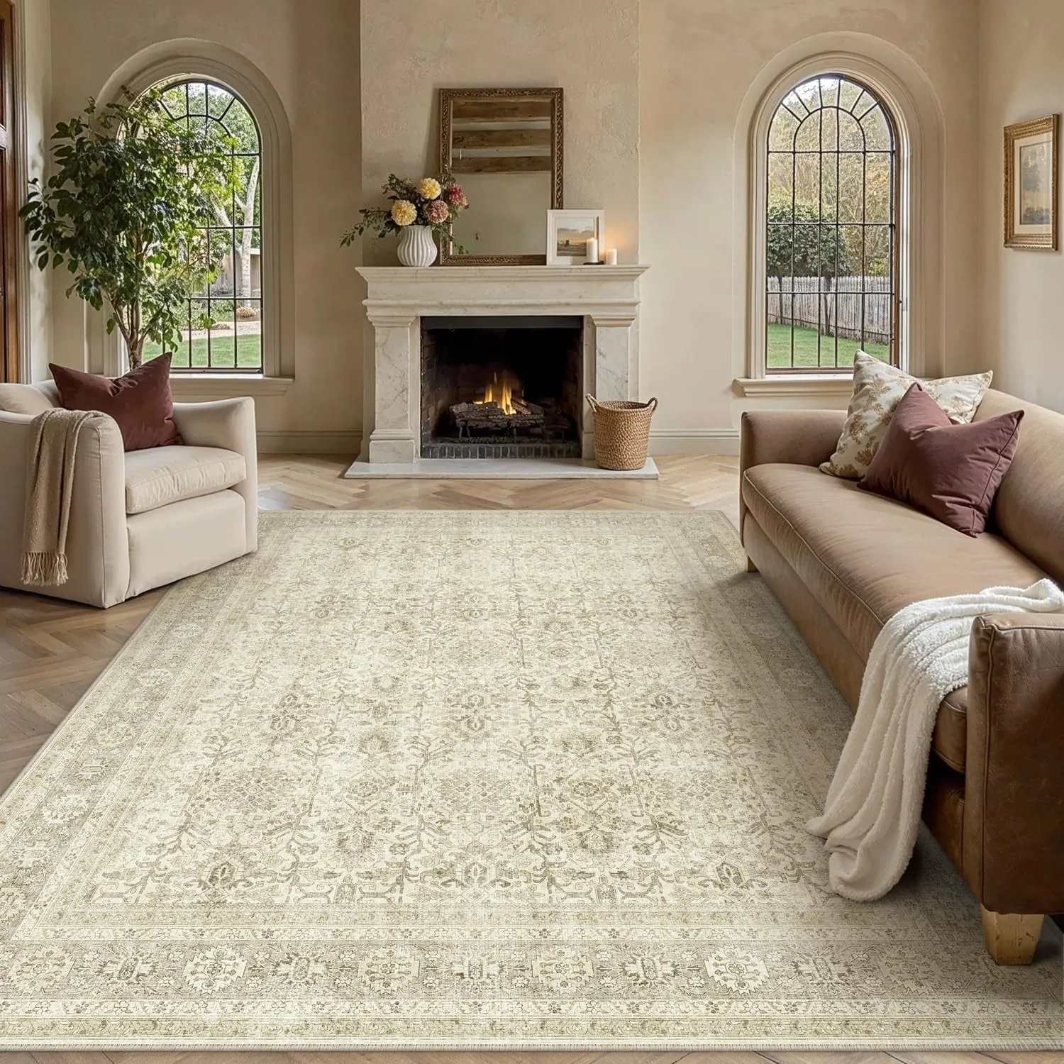 HUGEAR Vintage Beige Waschbarer Teppich Wohnzimmer 240x300cm Retro Rugs for Living Room Weich rutschfest Groß Tepich Ku…