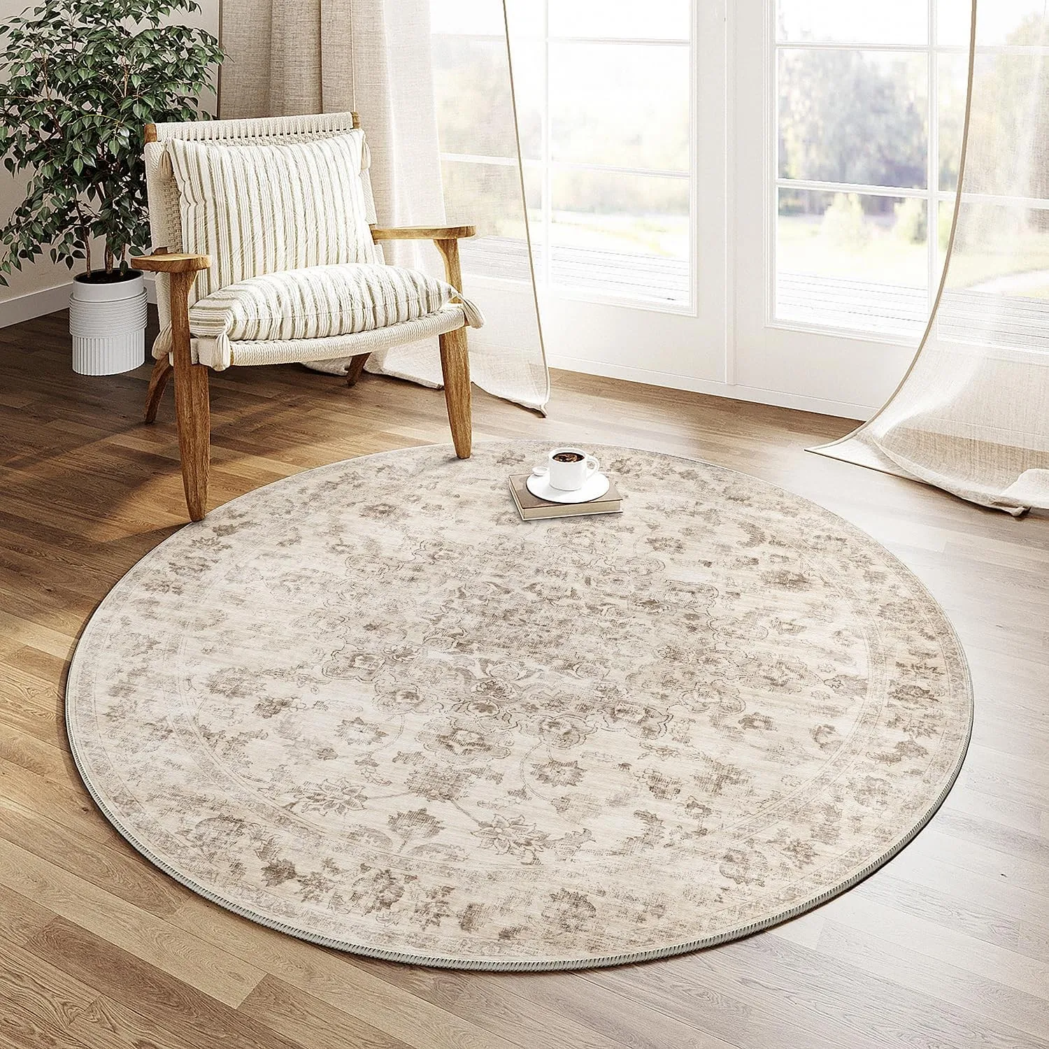 HUGEAR Vintage Teppich Rund 180cm Beige Waschbar