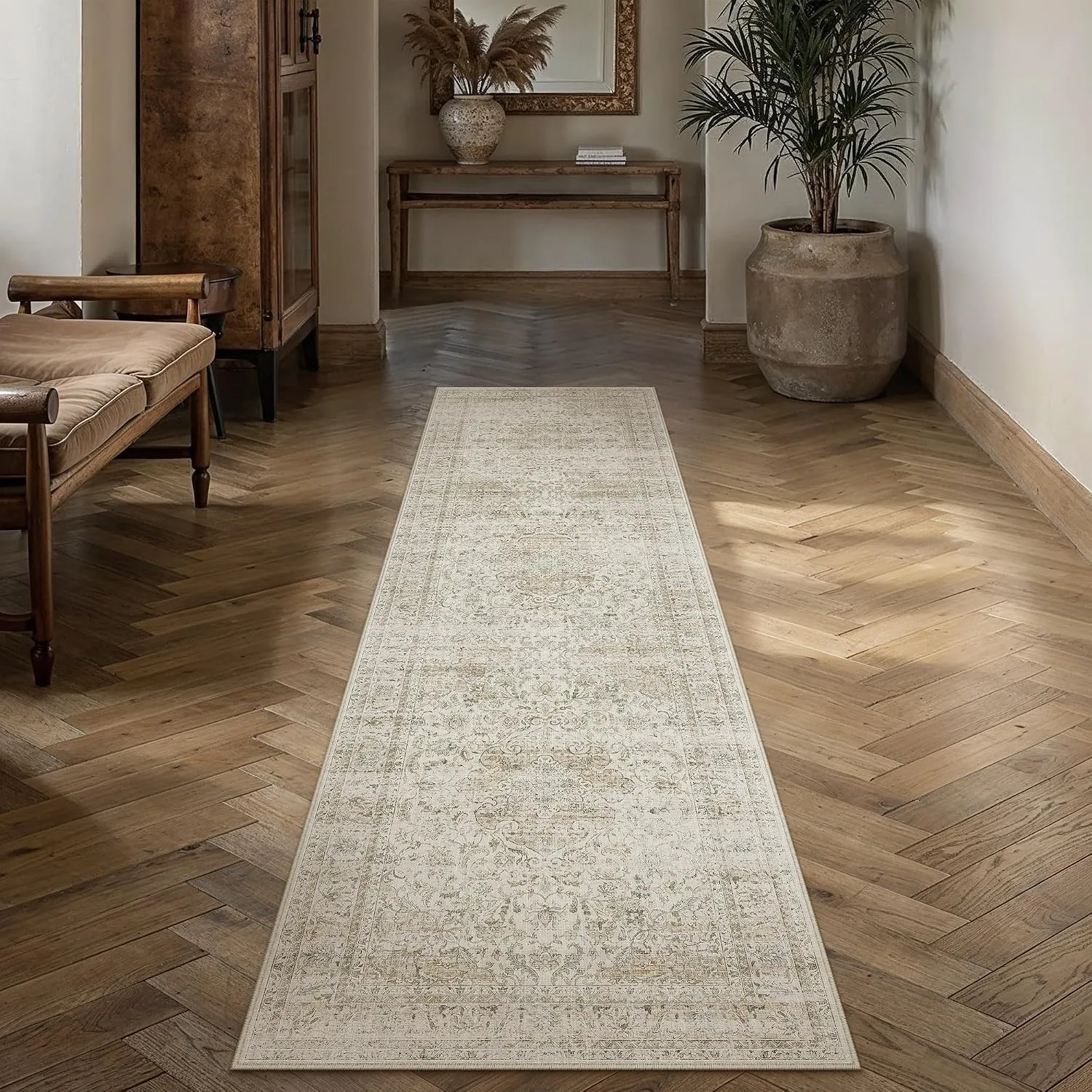 HUGEAR Vintage Teppich Läufer Flur 80x400cm Beige Waschbar | Waschbarer Teppich, Rutschfest Weich, Kurzflor Retro, für …