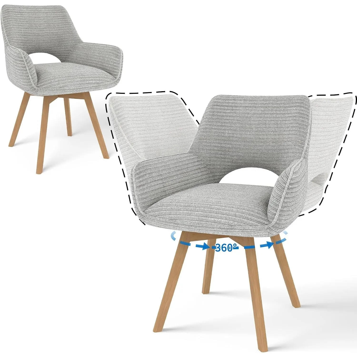 JIJIAN 2er Set 360° Drehbare Esszimmerstühle mit Armlehnen, Grau