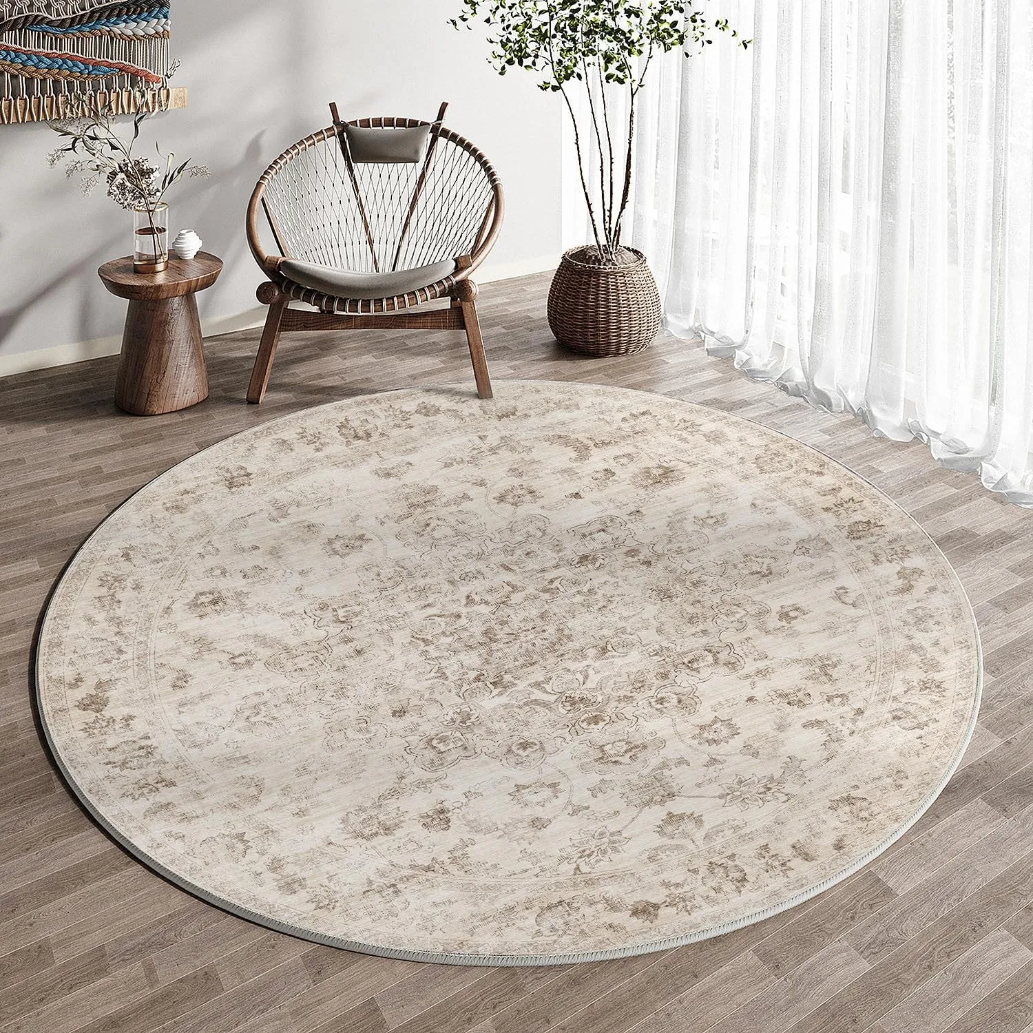 HUGEAR Vintage Teppich Rund 240cm Beige Waschbar