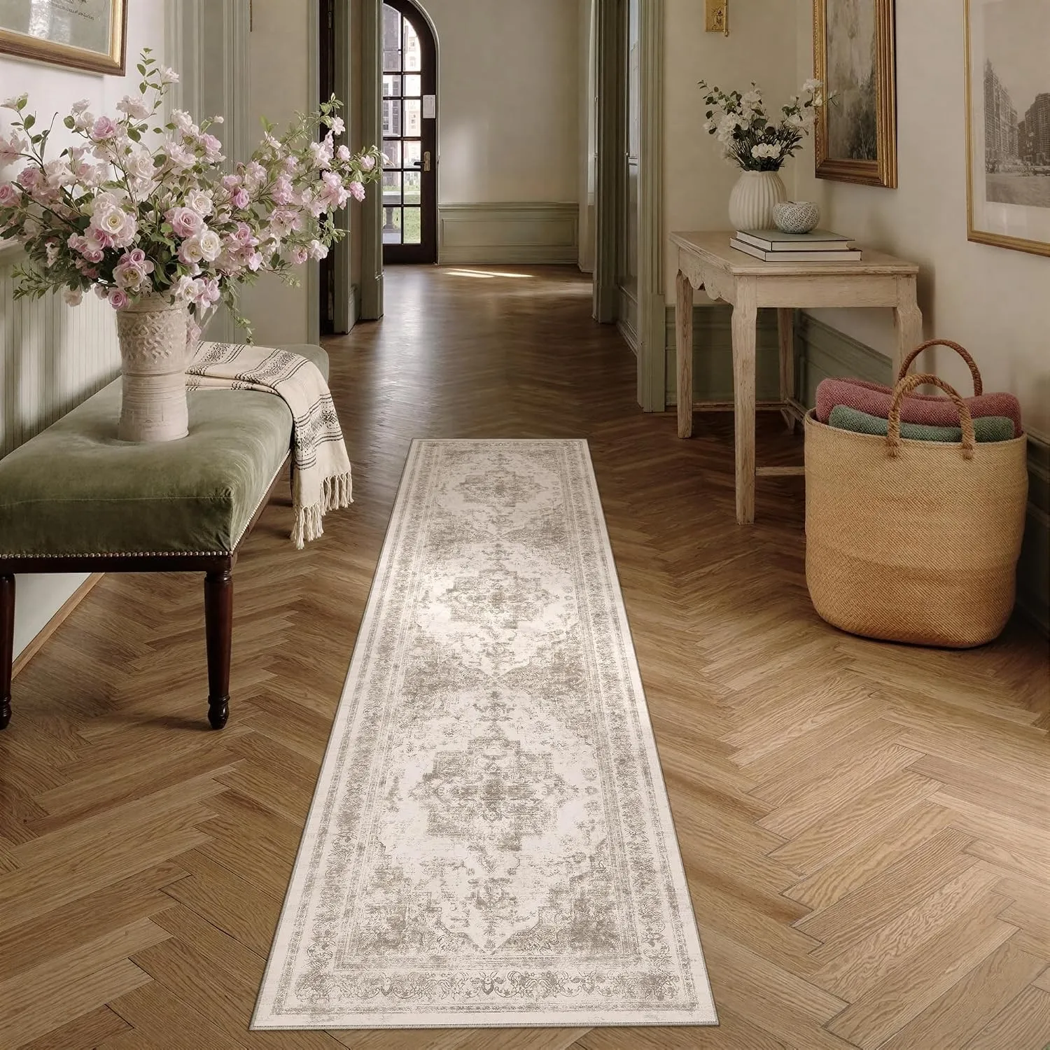 HUGEAR Beige Vintage Teppich Läufer Flur 80x300cm Waschbar