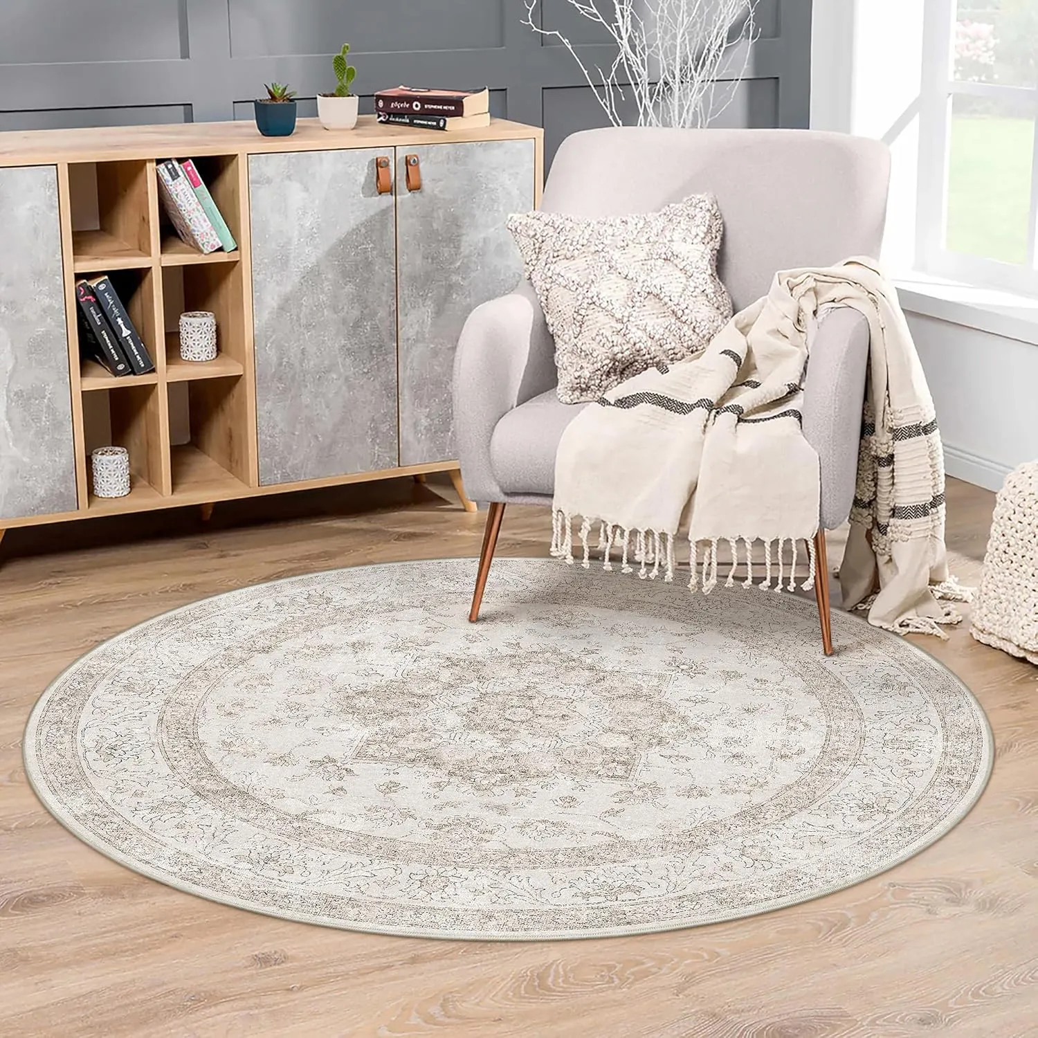 PureCozy Vintage Beige Teppich Rund 150cm Schlafzimmer Wohnzimmerteppich Boho Waschbarer Carpet Weich rutschfest Teppic…