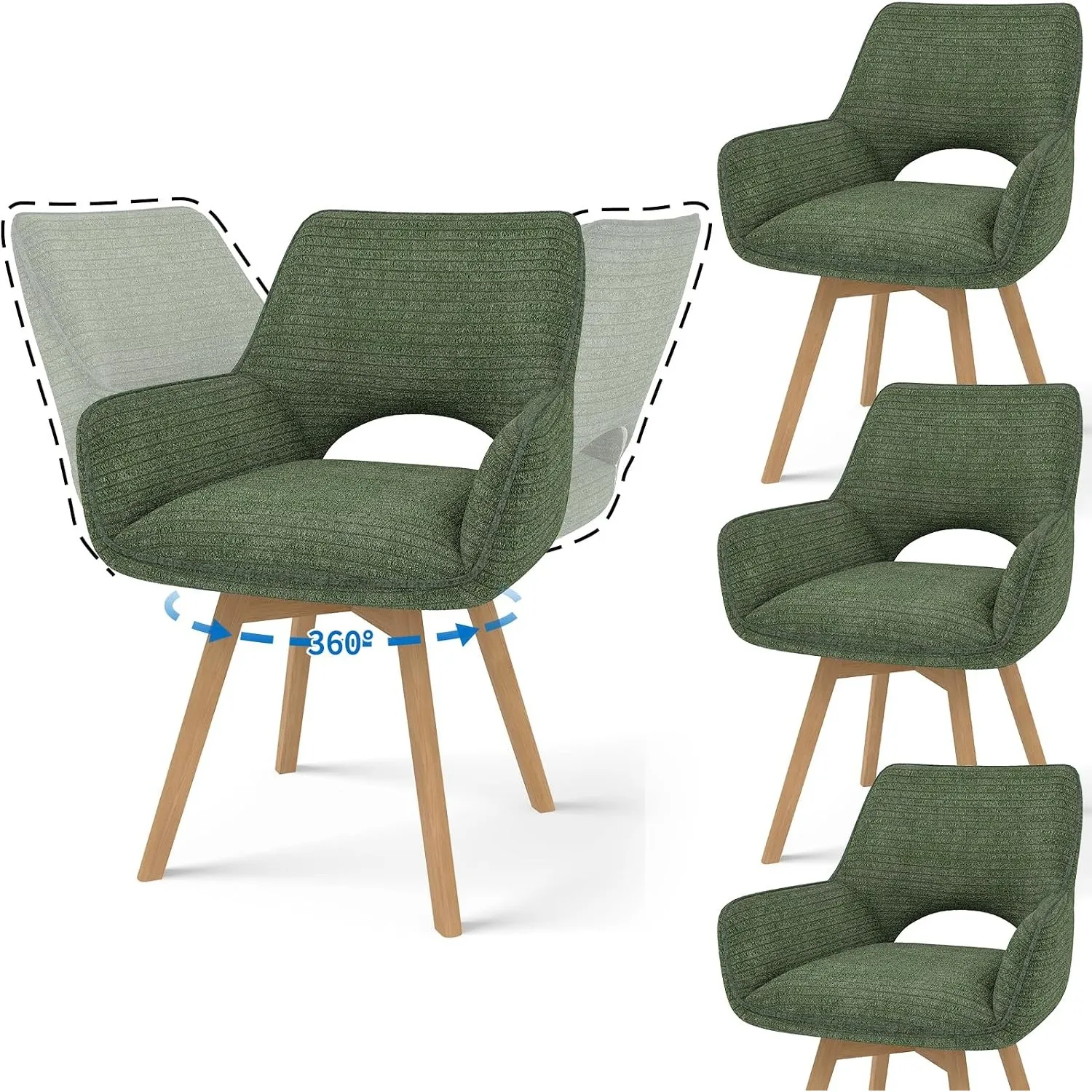 JIJIAN 4er Set 360° Drehbare Esszimmerstühle mit Armlehnen, Grün | Drehbar Stühle Esszimmer mit Holzbeinen, Moderner Kü…